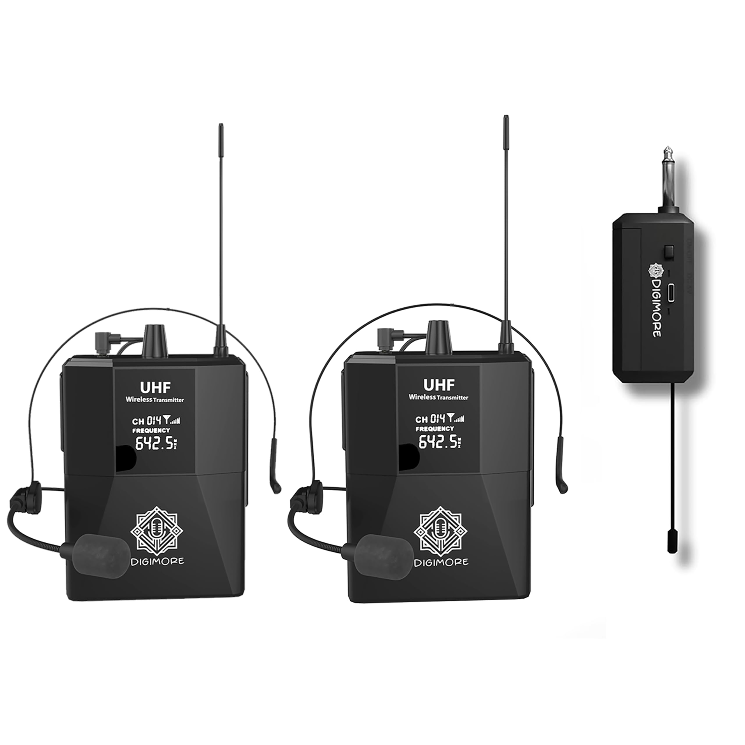 Digimore Uhf Dual Wireless Microphone - Portable Cordless Microphone Set With Headset Mic, Bodypack Transmitter, Receiver  Karao
