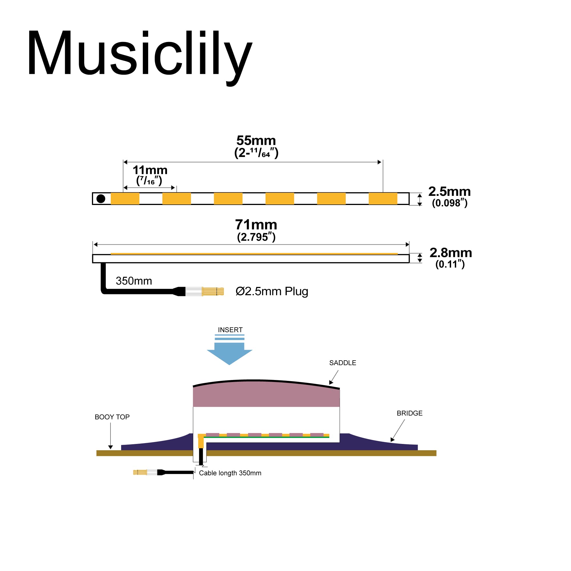 Musiclily Under Saddle Piezo Pickups Transducer Piezo for Classical Guitar Parts