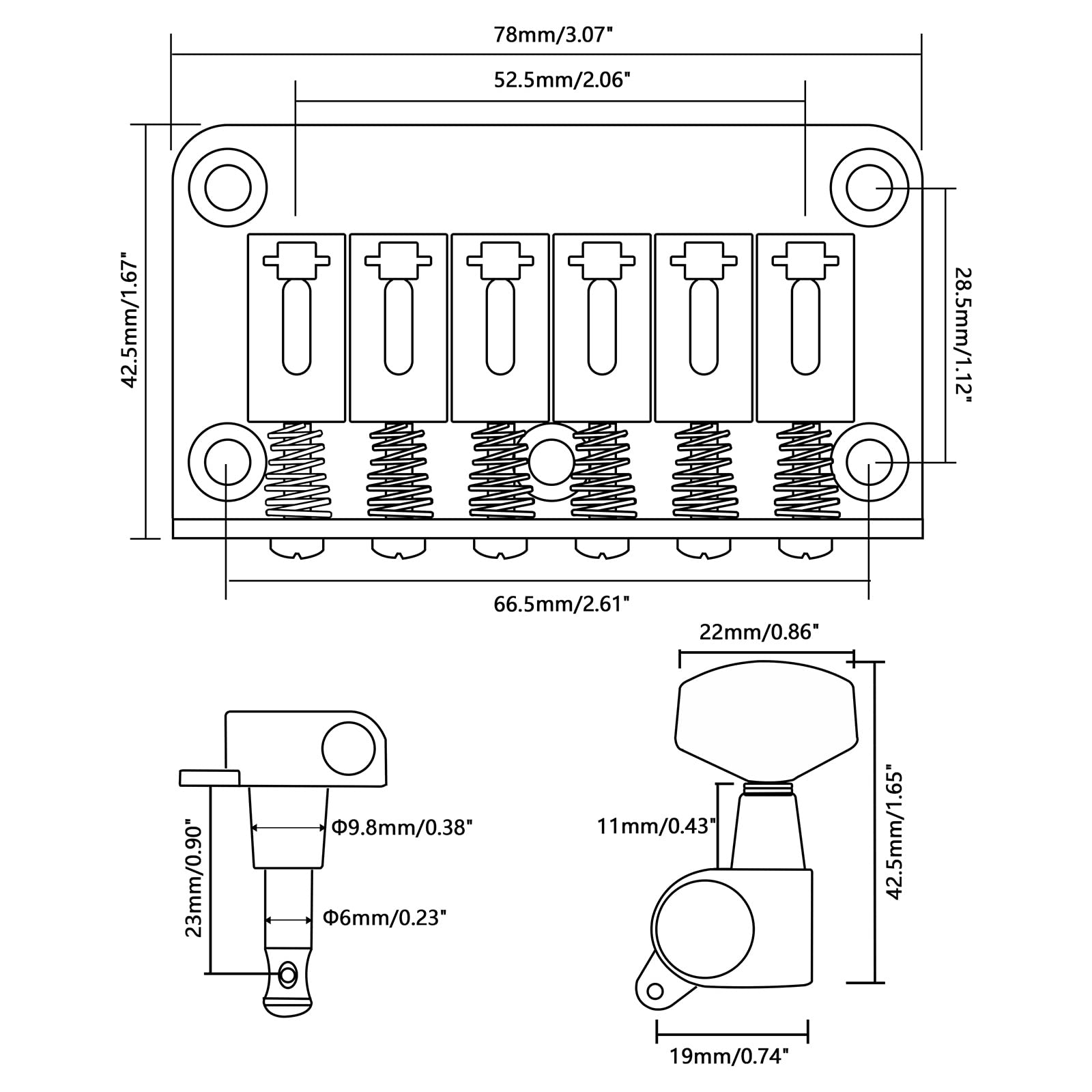 Unxuey Electric Guitar Bridge with 3R+3L String Tuning Key Pegs for 6-String Strat/Tele Style Electric Guitar, Silver, Length 78