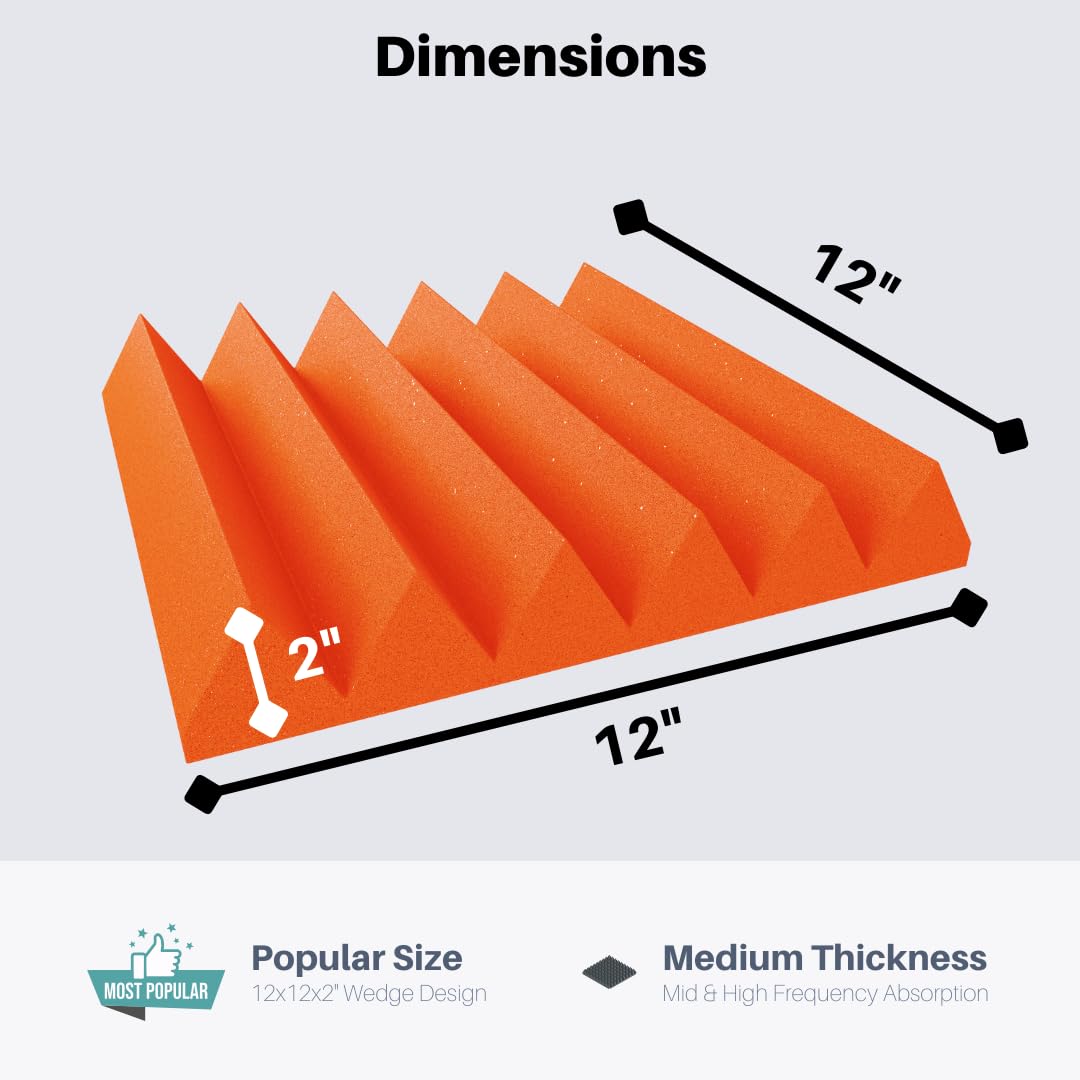 Soundproofing Acoustic Studio Foam - Orange Color - Wedge Style Panels 12   x12   x2    Tiles - 4 Pack