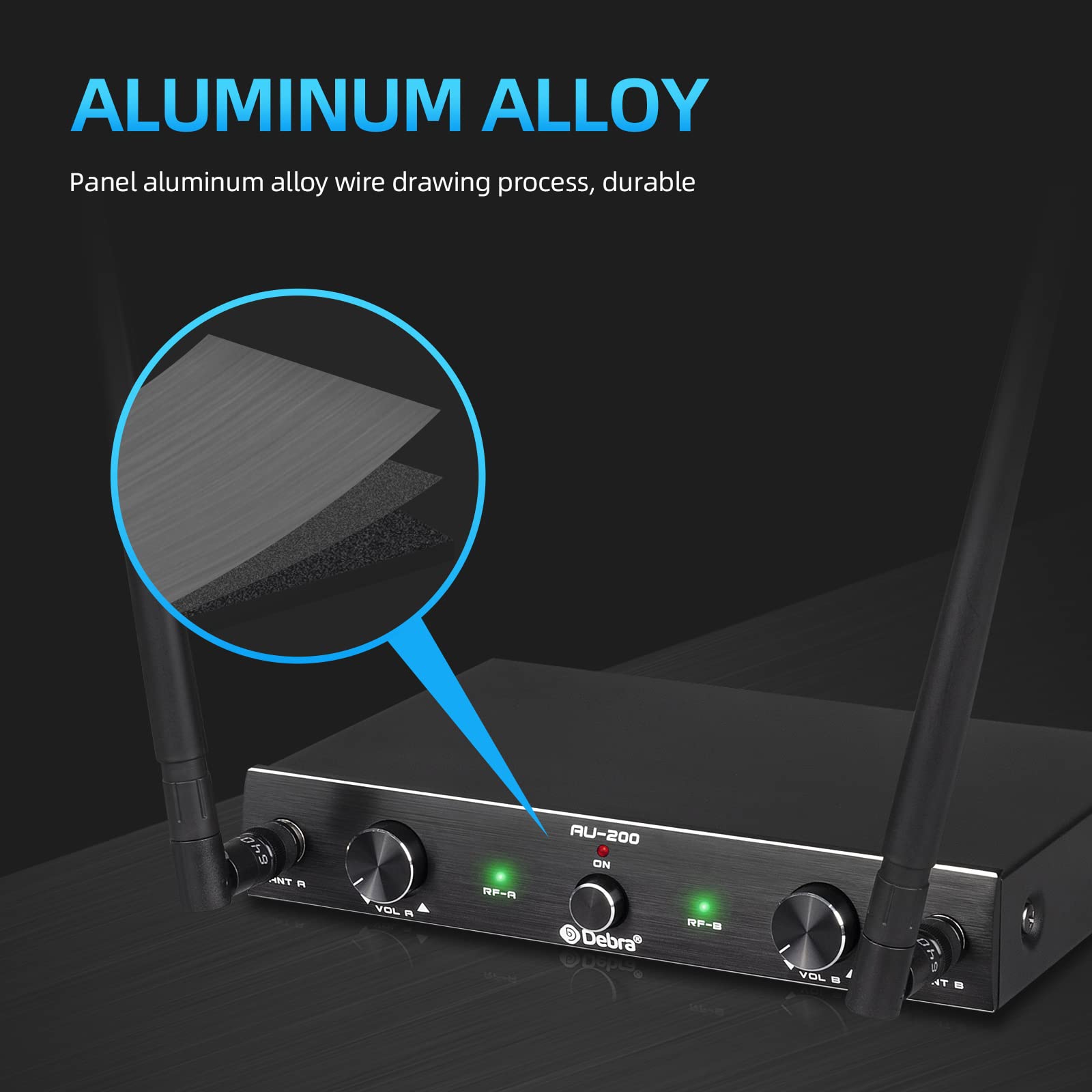 D Debra Audio AU200 Pro UHF 2 Channel Wireless Microphone System with Cordless Handheld Lavalier Headset Mics, Metal Receiver, f