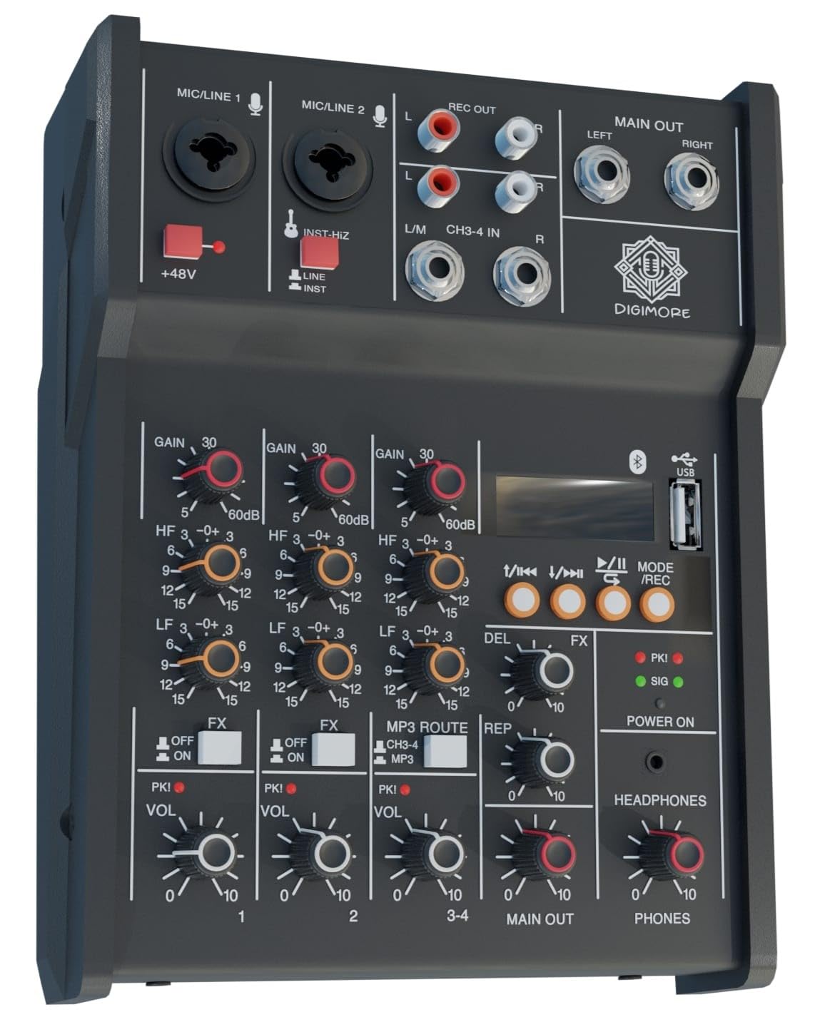 Digimore D-200 4-Channel Audio Mixer With 48V Phantom Power Sound Mixing Console Line Mixer With Sound Card, Usb Input, Bluetoot