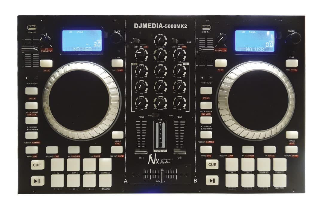 NX Audio DJMEDIA-5000MK2 Professional Dual Channel DJ Mixer with LCD Display, Built-in Effects, 3-Band EQ, Filter Modulation Con