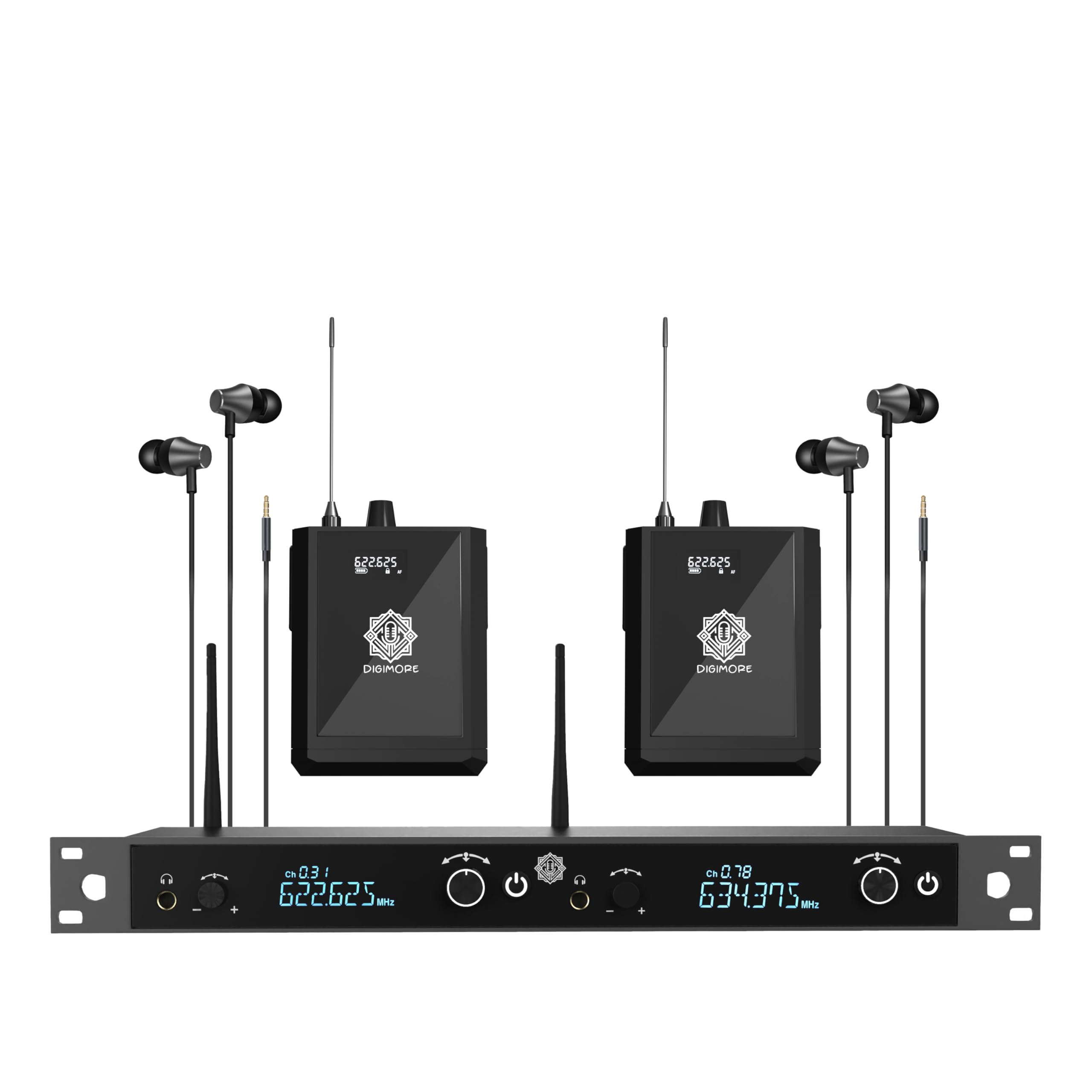 DIGIMORE UHF 2-Channel Wireless in-Ear Monitor System with Earphones | 328ft Range | 1U Rack Mount Body | for Stage Monitoring, 