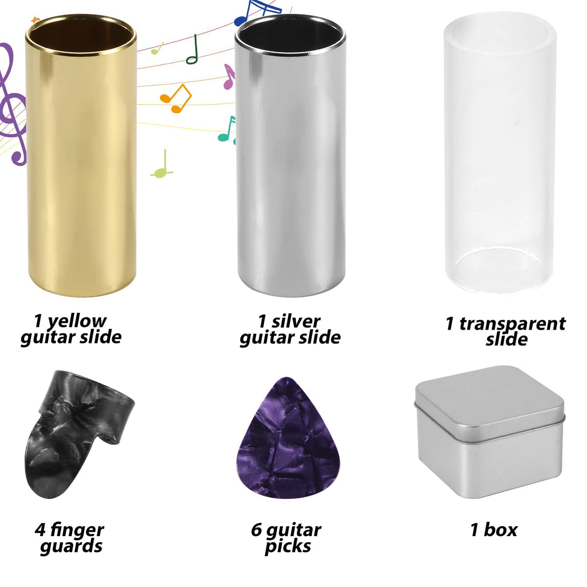 Gintar Ringer Slide 13Pcs Guitar Slide Kit, Including 3 Guitar Slides, 6 Guitar Picks And 4 ...