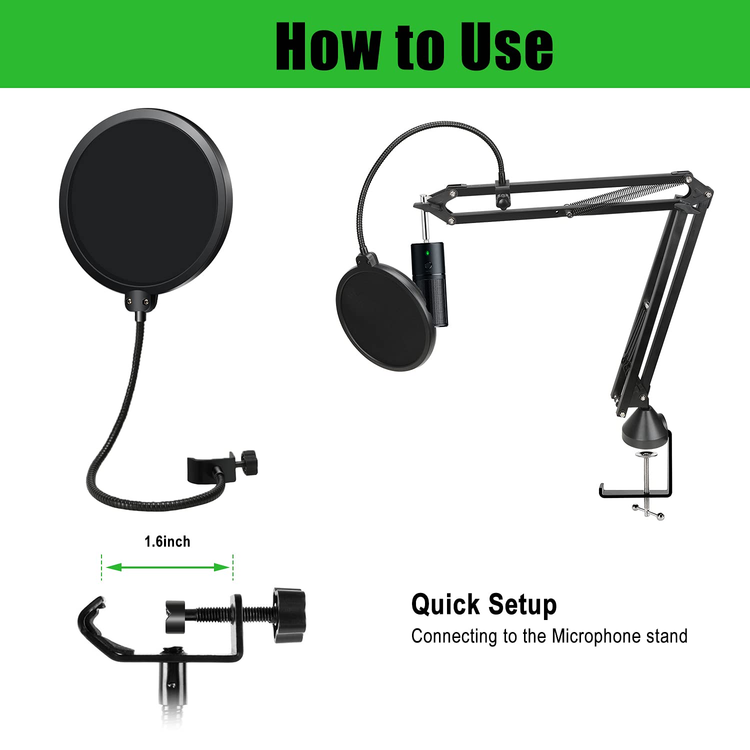 For Razer Seiren X Boom Arm with Pop Filter, Reduce Wind Noises Mic Cover and Cable Ties - Professional Mic Stand, 3/8 '' to 5/8