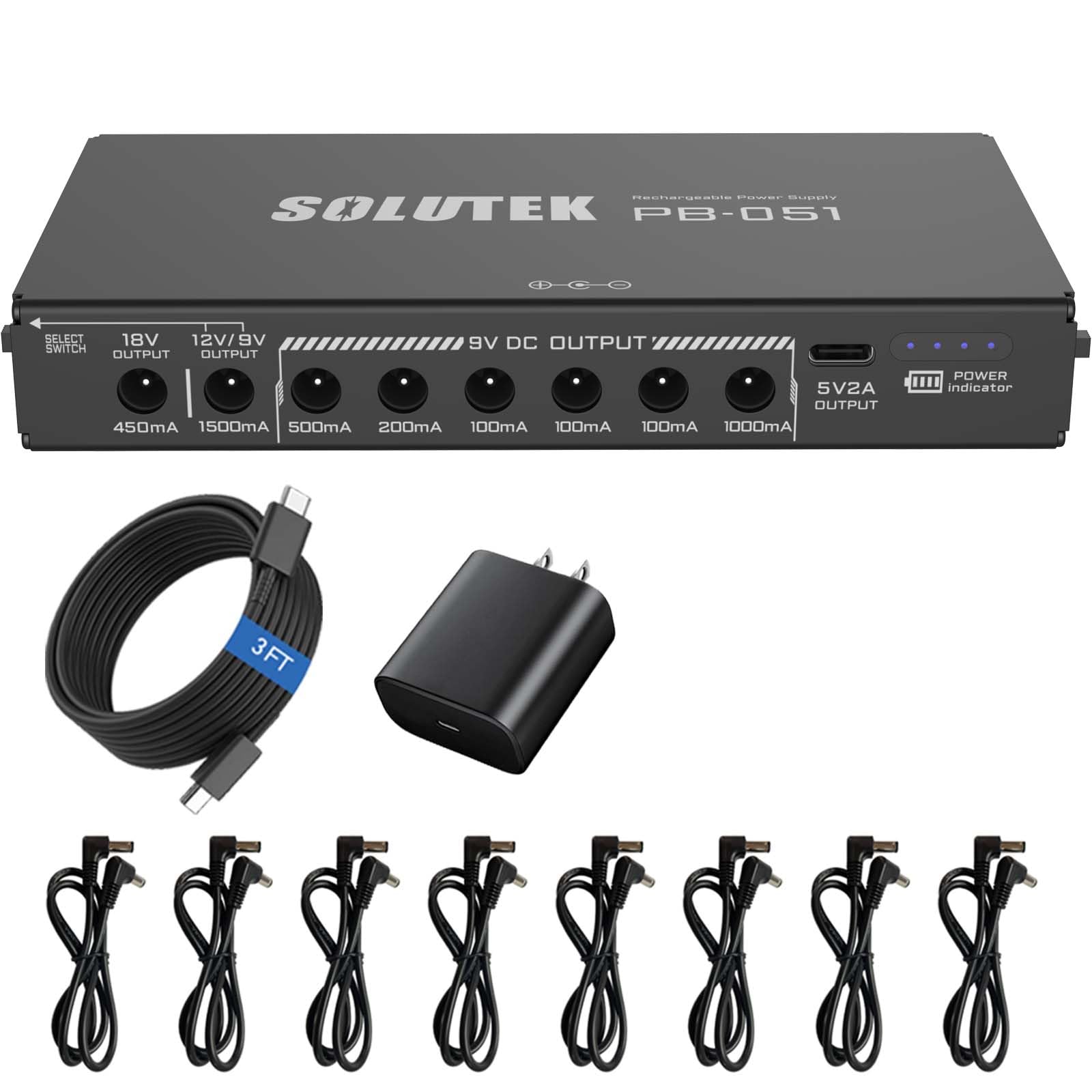 Solutek Rechargeable Guitar Pedal Power Supply | 12800 High-Current 2000Ma 9V 12V 18V 5V For Pedal Board And More Devices | Comp