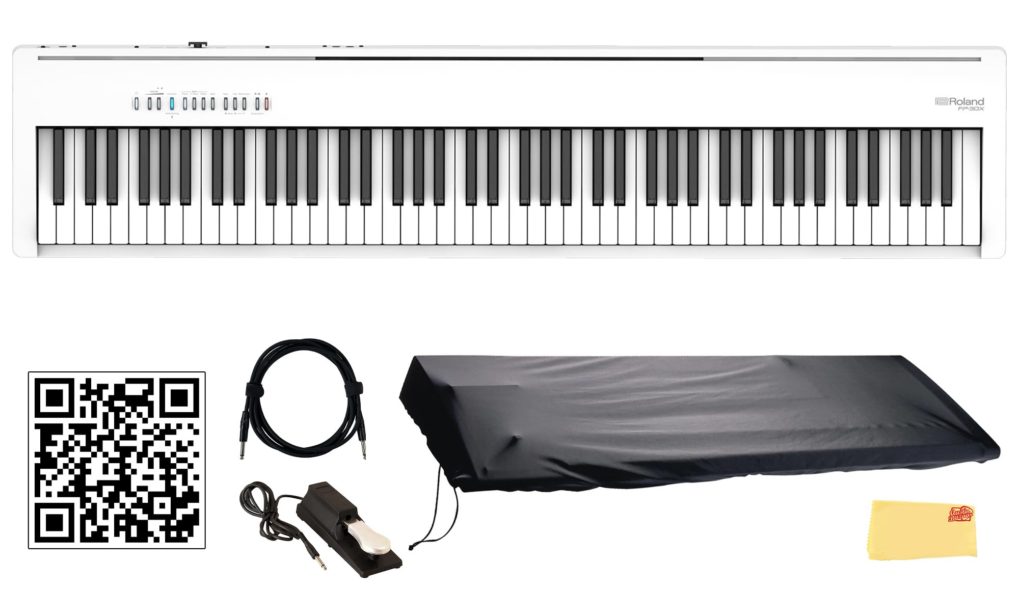 Roland FP-30X-WH 88-Key Digital Piano - White Bundle with Sustain Pedal, Cover, Cable, Online Piano Lessons, Austin Bazaar Instr