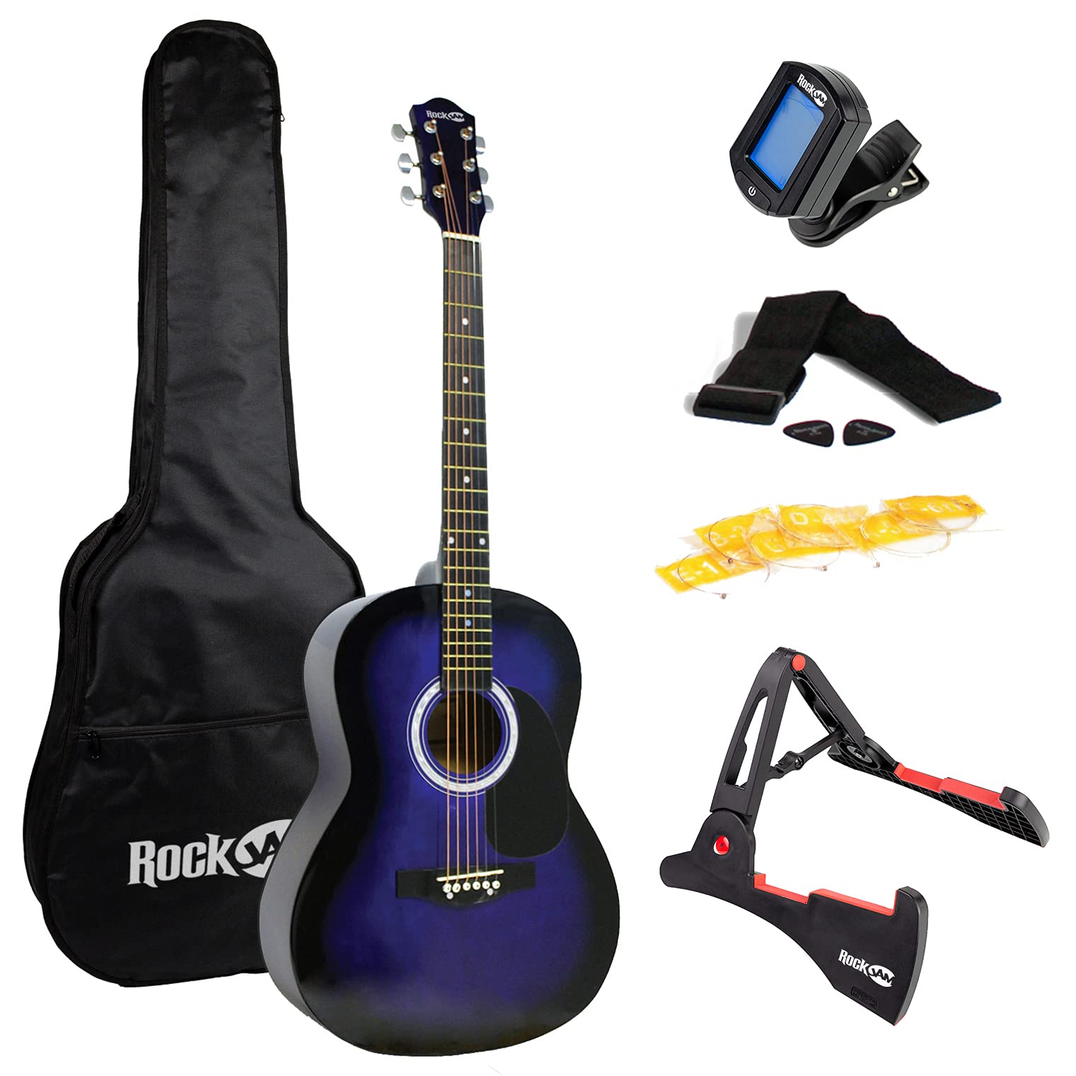 Rockjam Acoustic Guitar Superkit Includes Stand, Gig Bag, Tuner, Picks, Plectrum Holder, Spare Strings & Online Lessons 6 Pack,