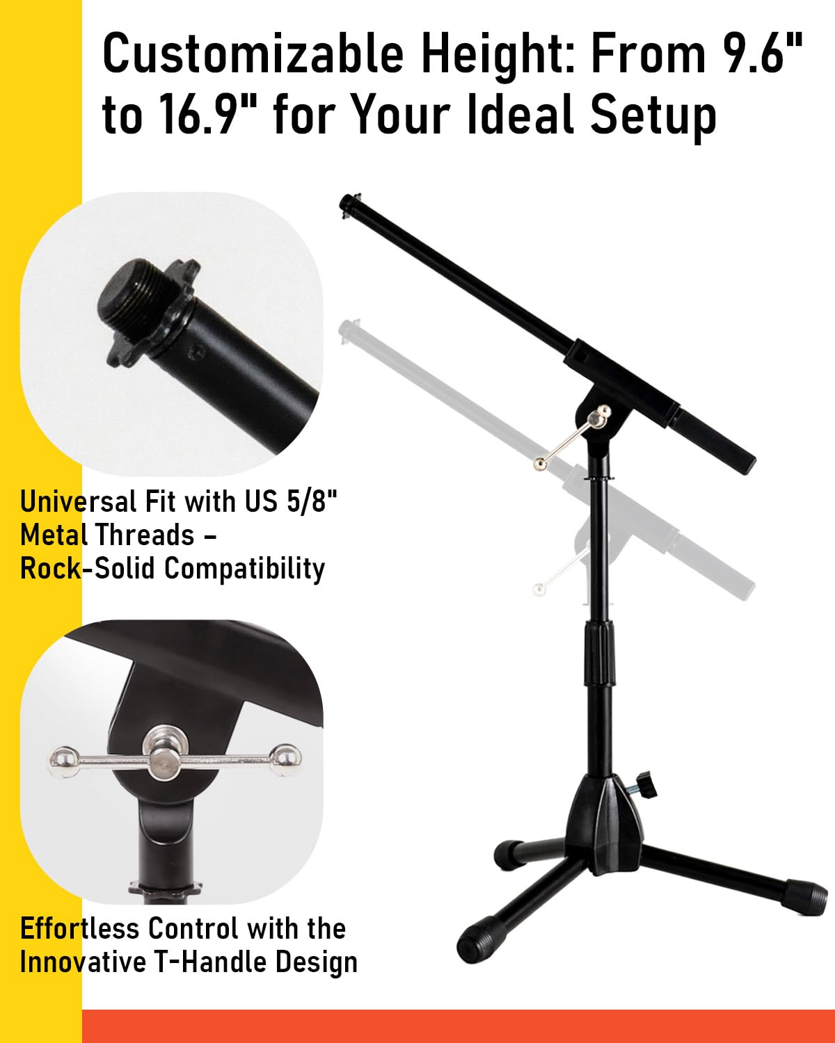 Stage Rocker Foldable Tripod Low-Profile Mic Boom Stand - Height Extending from 9.6'' to 16.9'', w/Adjustable Telescoping Arm Up