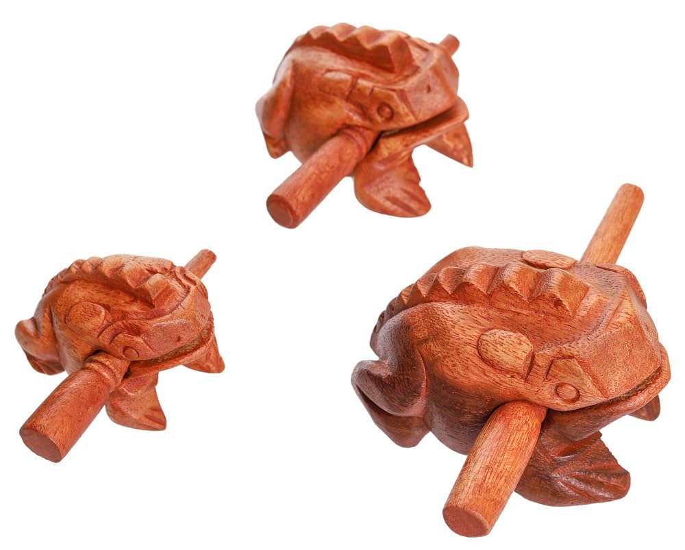 Brown Wooden Frog Percussion Set - 4, 3, 2.25 Inch Frogs, Musical Home Decor