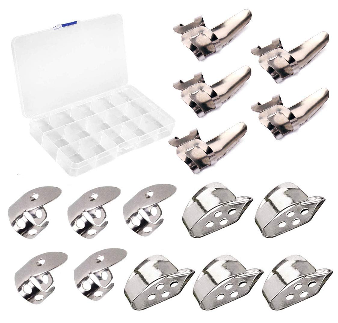 Jiayouy 15Pcs Guitar Thumb Finger Picks Set Metal Guitar Thumb Finger Picks With Storage Box For Gutiar Bass Ukulele Banjo Silve