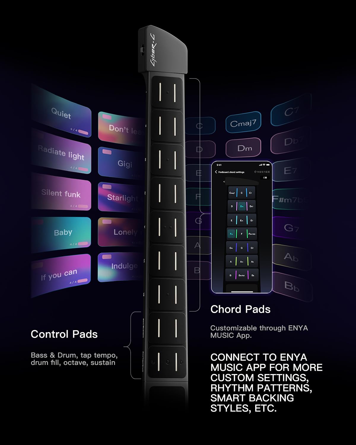 Enya CYBER-G Stringless Smart Guitar, Foldable Travel Backing Guitarra, Built-in Drum Machine & Bassline, 20 instrument Sounds f