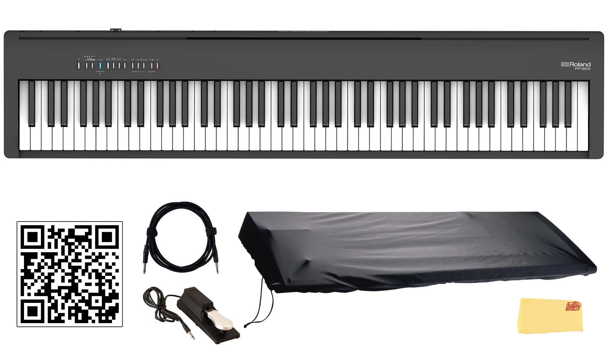 Roland FP-10 88-Key Digital Piano Bundle with Sustain Pedal, Cover, Cable, Online Piano Lessons, Austin Bazaar Instructional Vid
