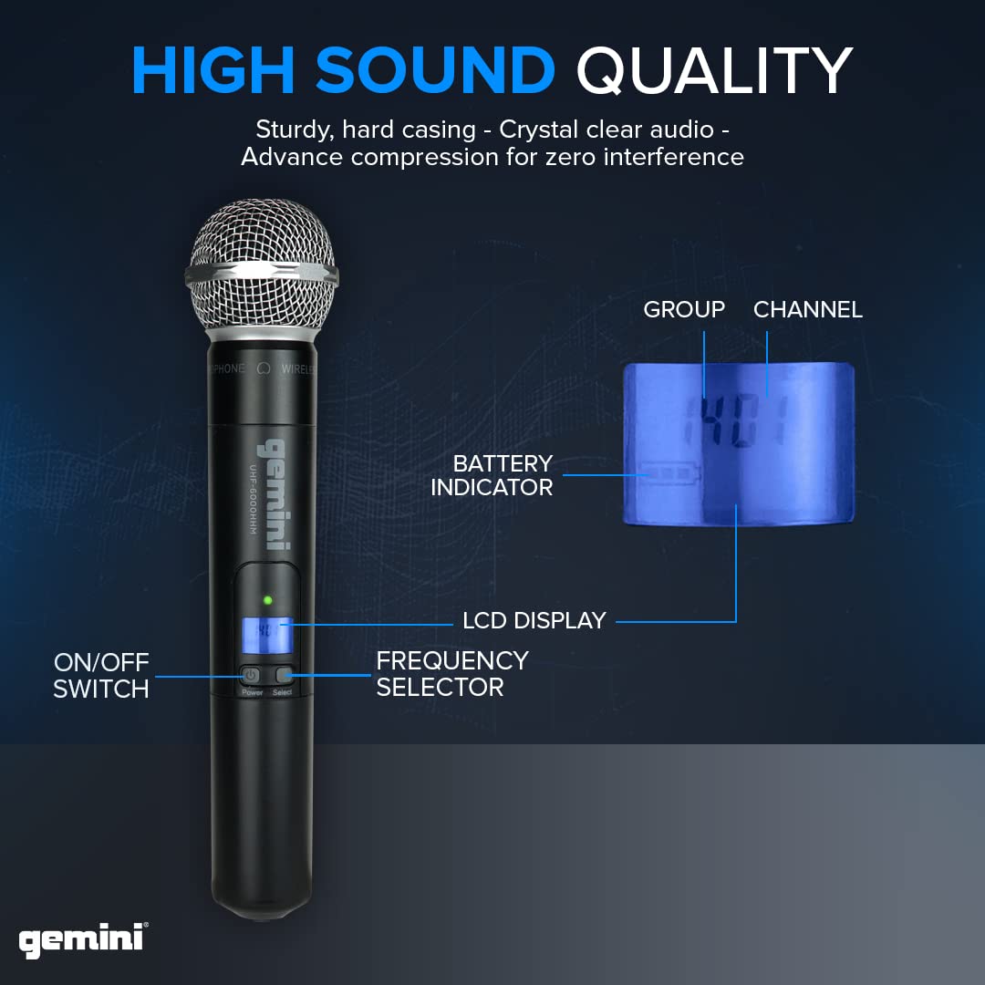 Gemini Sound UHF-6100M Wireless Mic System - UHF Receiver with 256 Selectable Frequencies, Handheld Mic, 240ft Range, LCD Displa