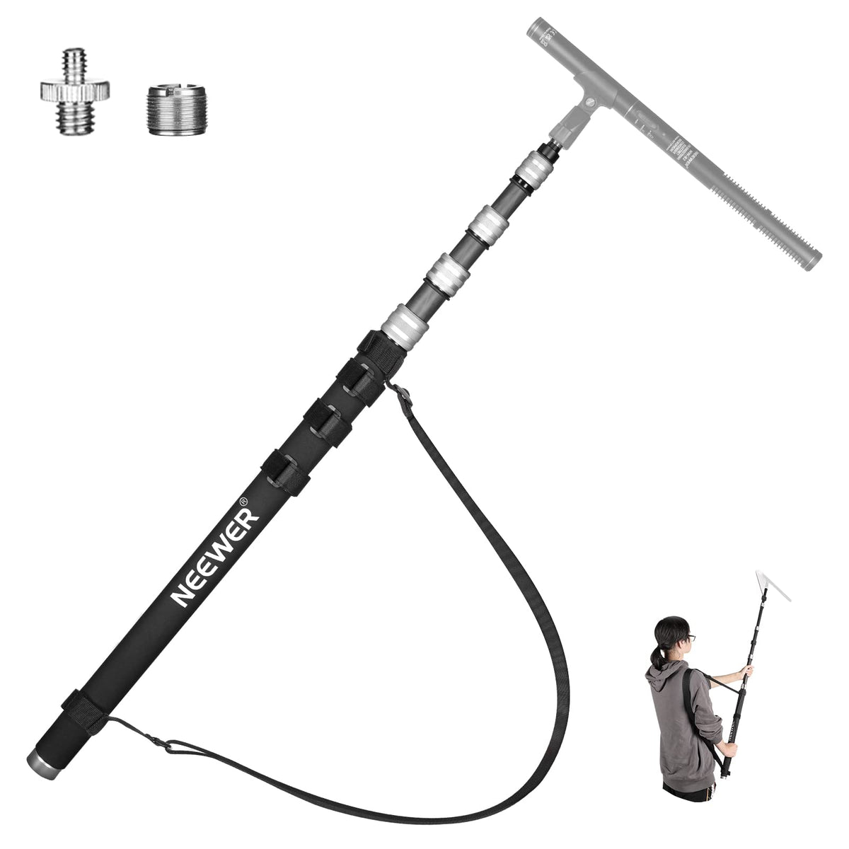 Neewer Upgraded Microphone Boom Pole, 9.8Ft/300Cm Telescopic Carbon Fiber Mic Boom Arm With 5 Sections, 1/4    3/8    5/8    Scr