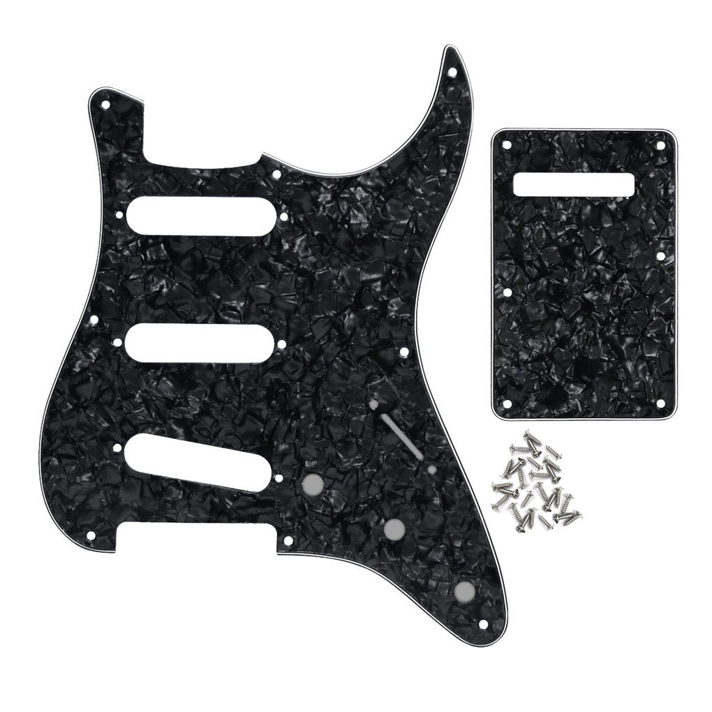 FLEOR SSS 8 Hole Vintage Strat Pickguard Guitar Back Plate with Screw for Vintage Strat Style Guitar Parts, 4Ply Black Pearl
