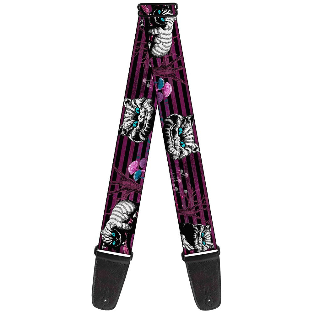 Buckle-Down Guitar Strap - Cheshire Cat Face/Poses Stripe Purple/Black/White - 2'' Wide - 29-54'' Length