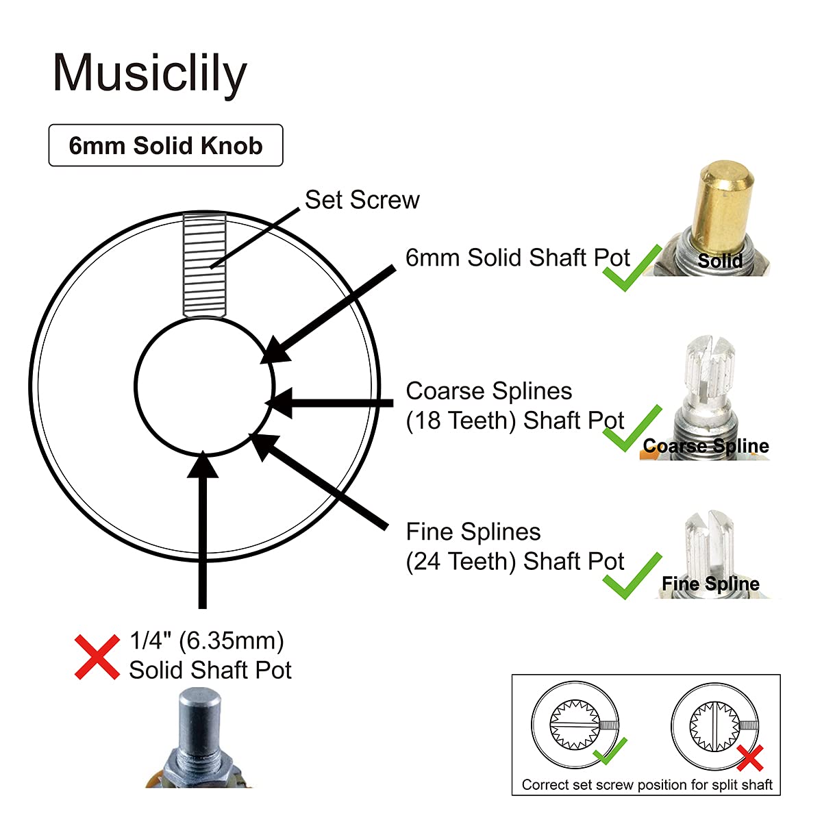 Musiclily Metric 6mm Metal Guitar Dome Knobs Volume Tone Control Knobs with Allen Keys Screw Set for Fender Telecaster Tele Elec