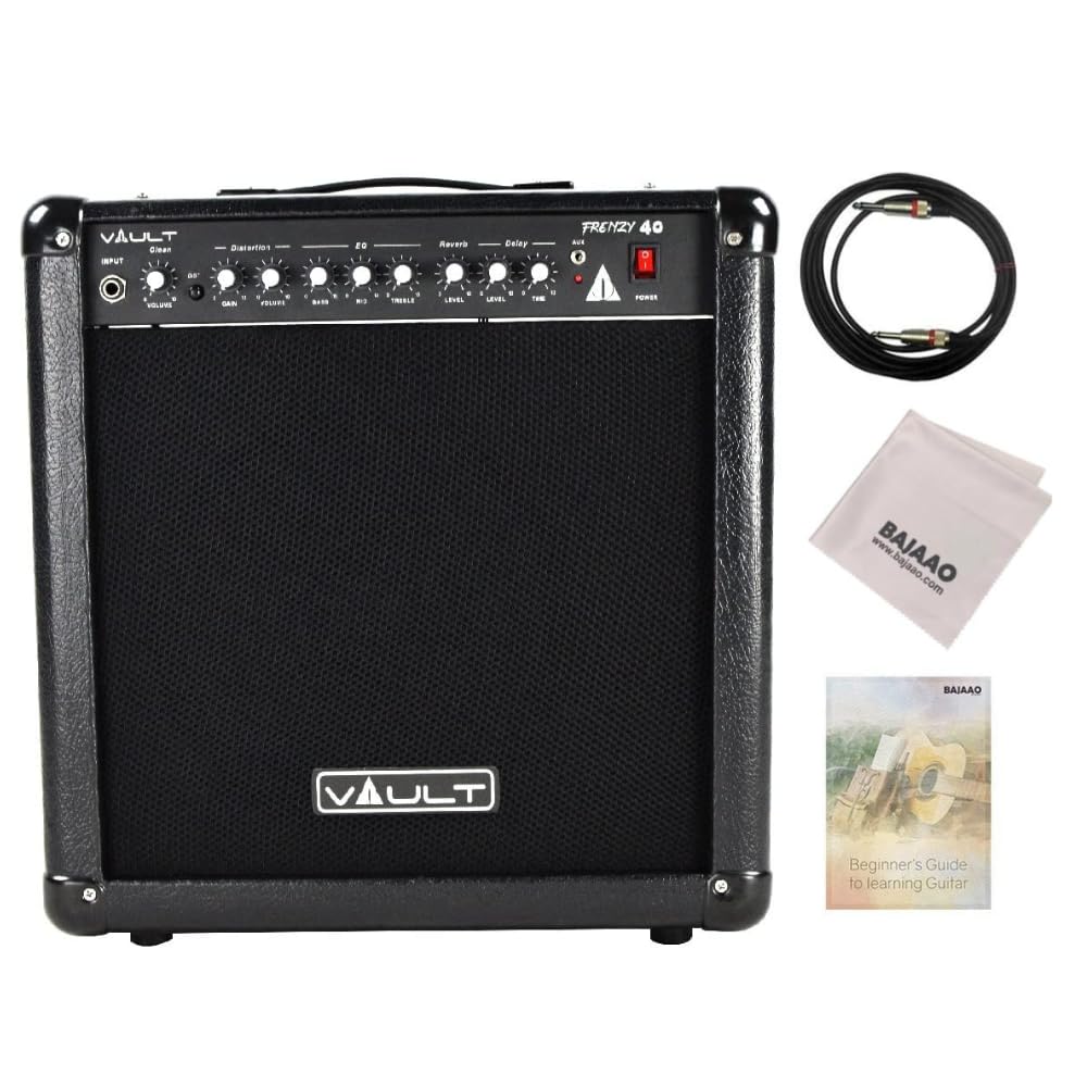 Vault Frenzy 40 Watt Guitar Combo Amplifier with Analog Distortion, Reverb & Delay All Playable Together with Cable & Polishing 