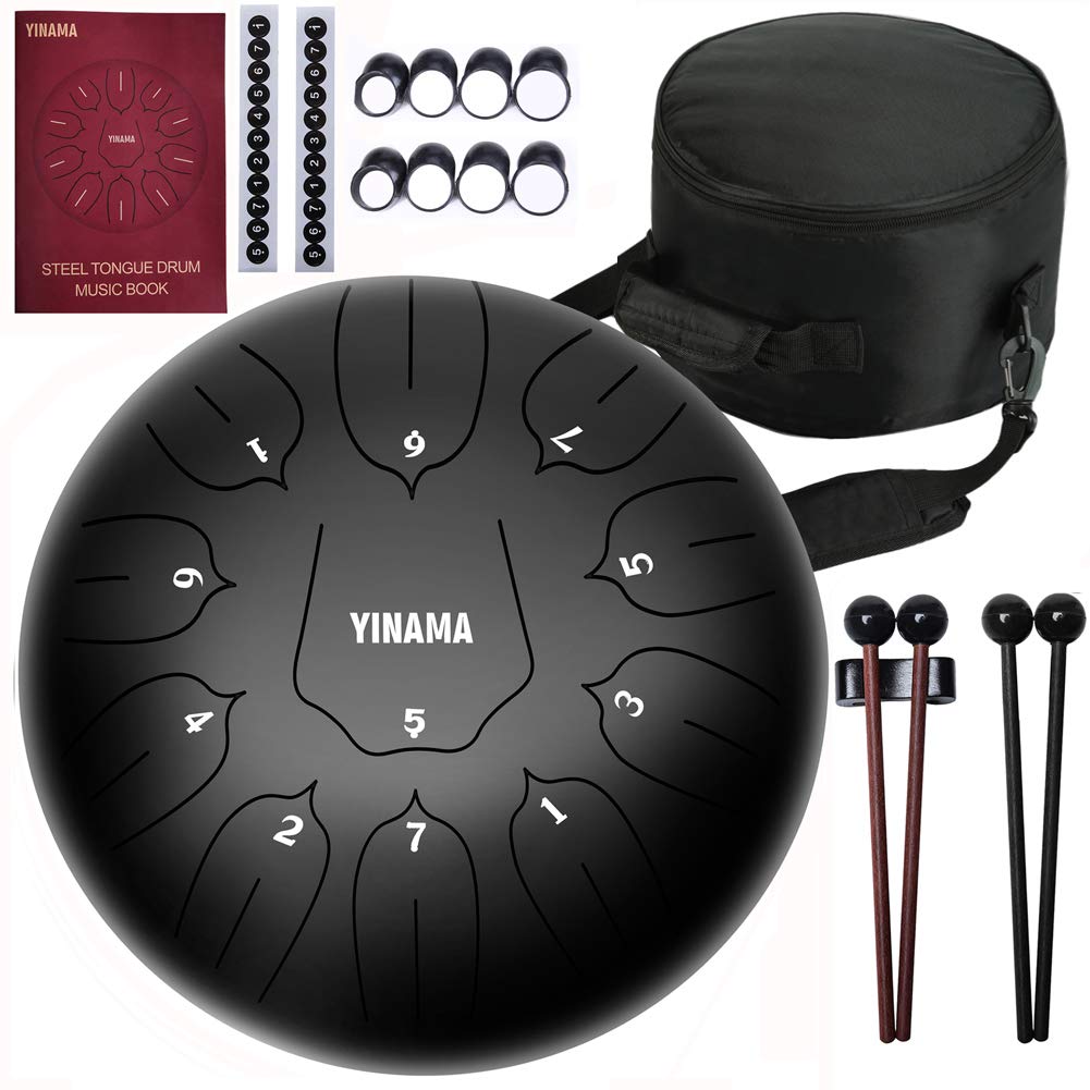 Yinama Steel Tongue Drum Percussion Instrument 11 Notes 12 inches Black