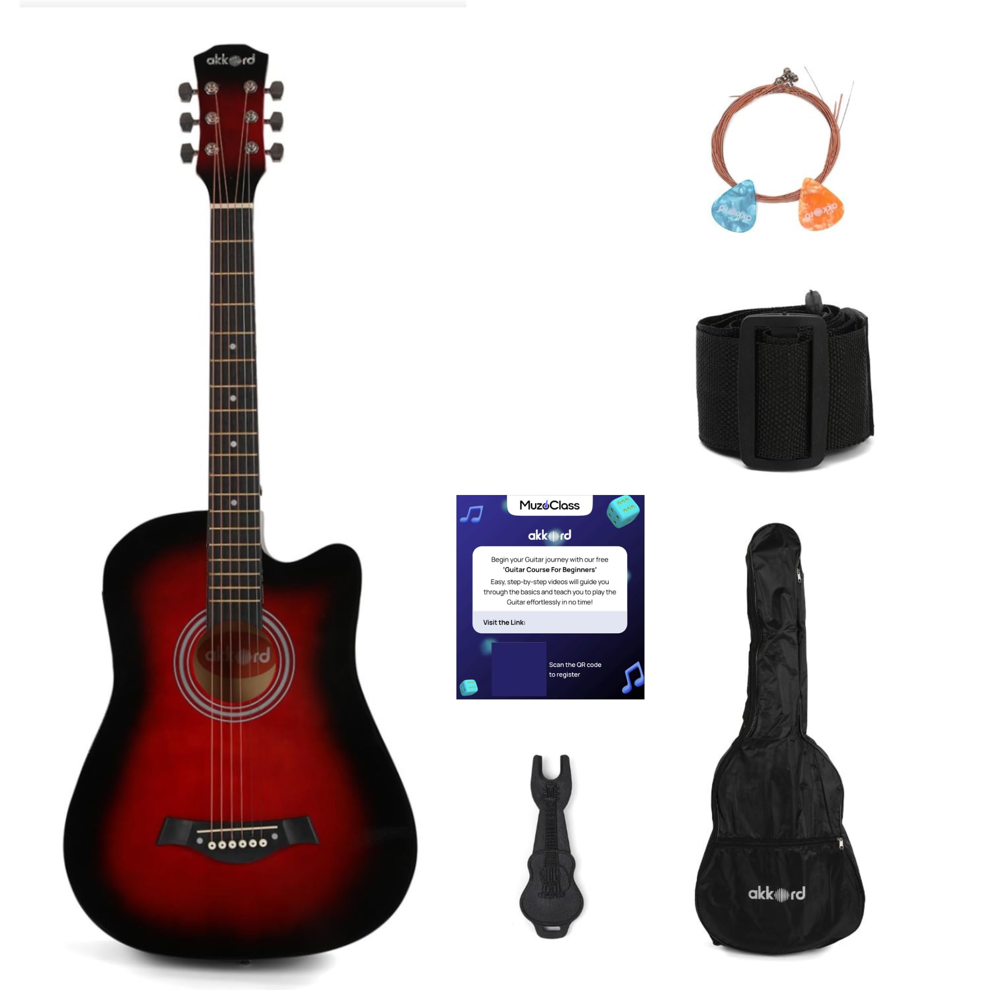Akkord Basswood 38 Inch Acoustic Cutaway Guitar Kit With Gigbag, Strings, Picks, Strap And Key - Glossy Red | Kit For Beginners 