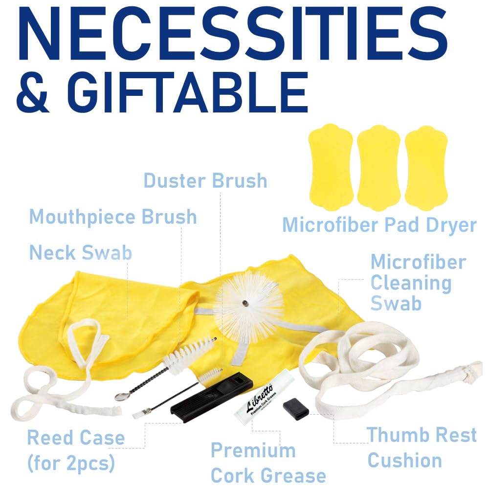 Libretto Alto Saxophone ALL-INCLUSIVE Giftable Care Kit: Mouthpiece Brush + Dust Brush + 2 Microfiber Cleaning Swab + Thumb Cush