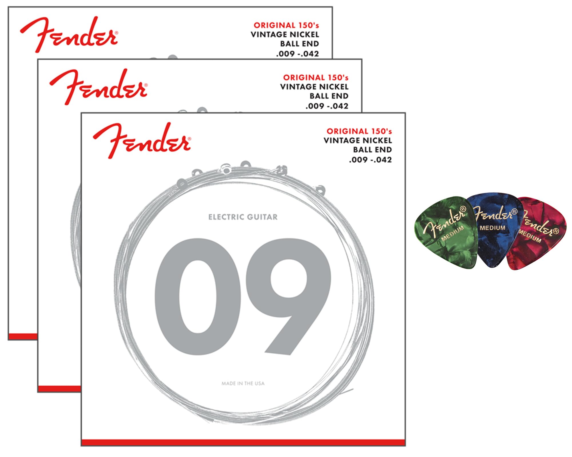 Fender Original 150 Pure Nickel Electric Guitar Strings Wound, Ball End - Light .009-.042 3-Pack Bundle with 3-Pack Picks