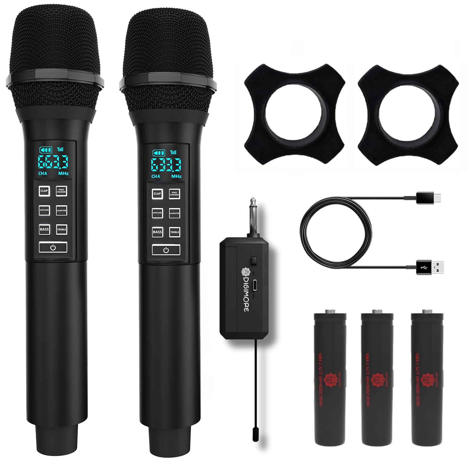 DIGIMORE UHF Dual Wireless Microphone System with in-Built Sound Card | Voice Change, Echo, Bass Etc. | 150ft Range | for House 