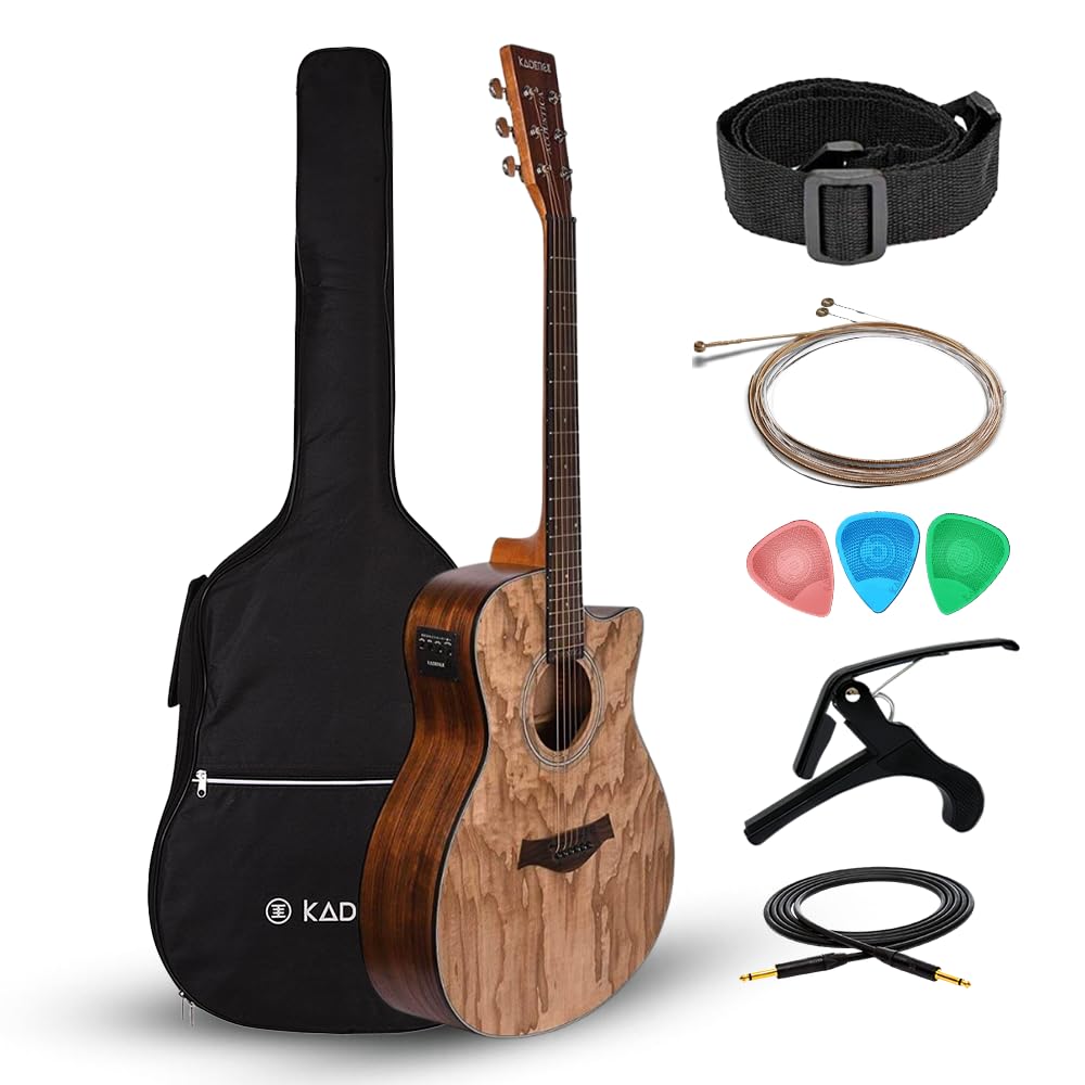 Kadence Electric Acoustic Guitar (Ash Wood) - Semi Acoustic Guitar with Pickup, Inbuilt Tuner, Capo, Strings, Picks, Strap, Cabl