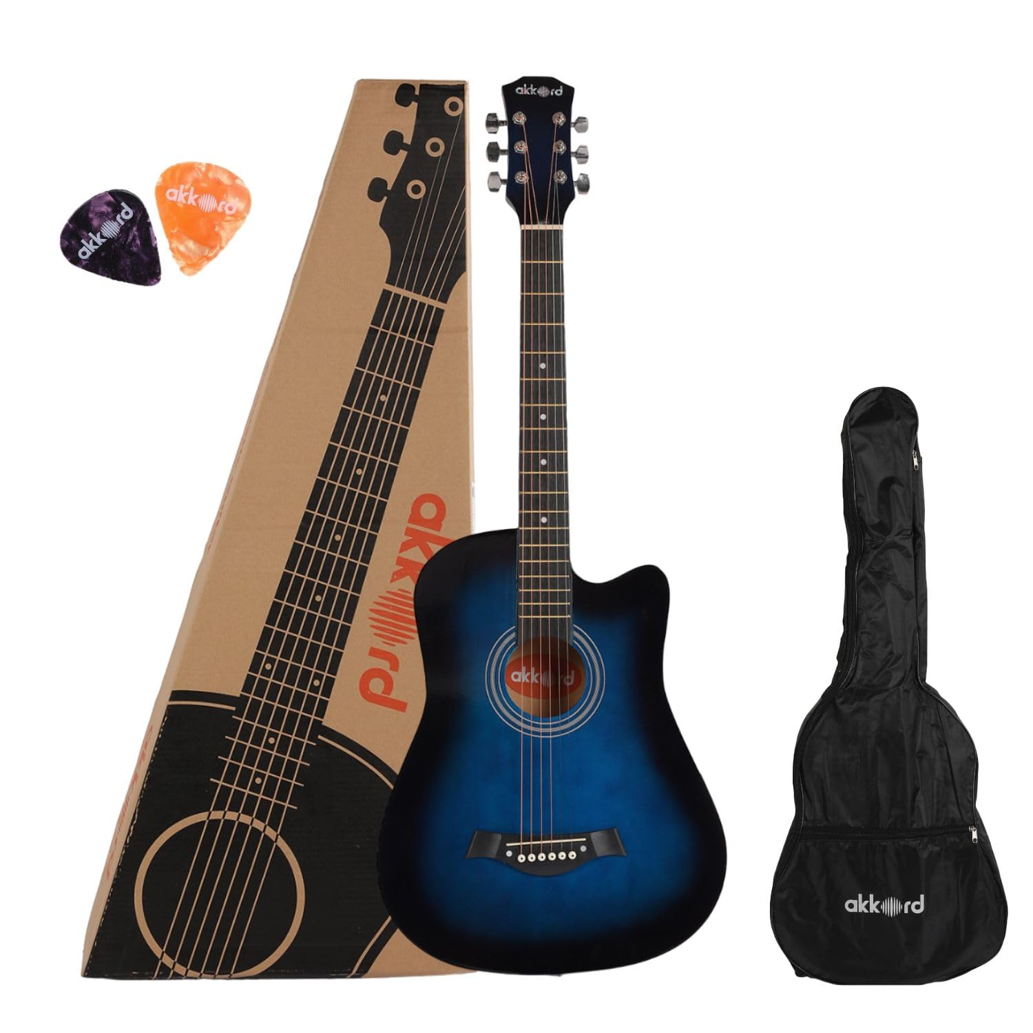 Akkord Basswood 38 Inch Acoustic Cutaway Guitar Kit With Gigbag, Picks And Key, Glossy Blue