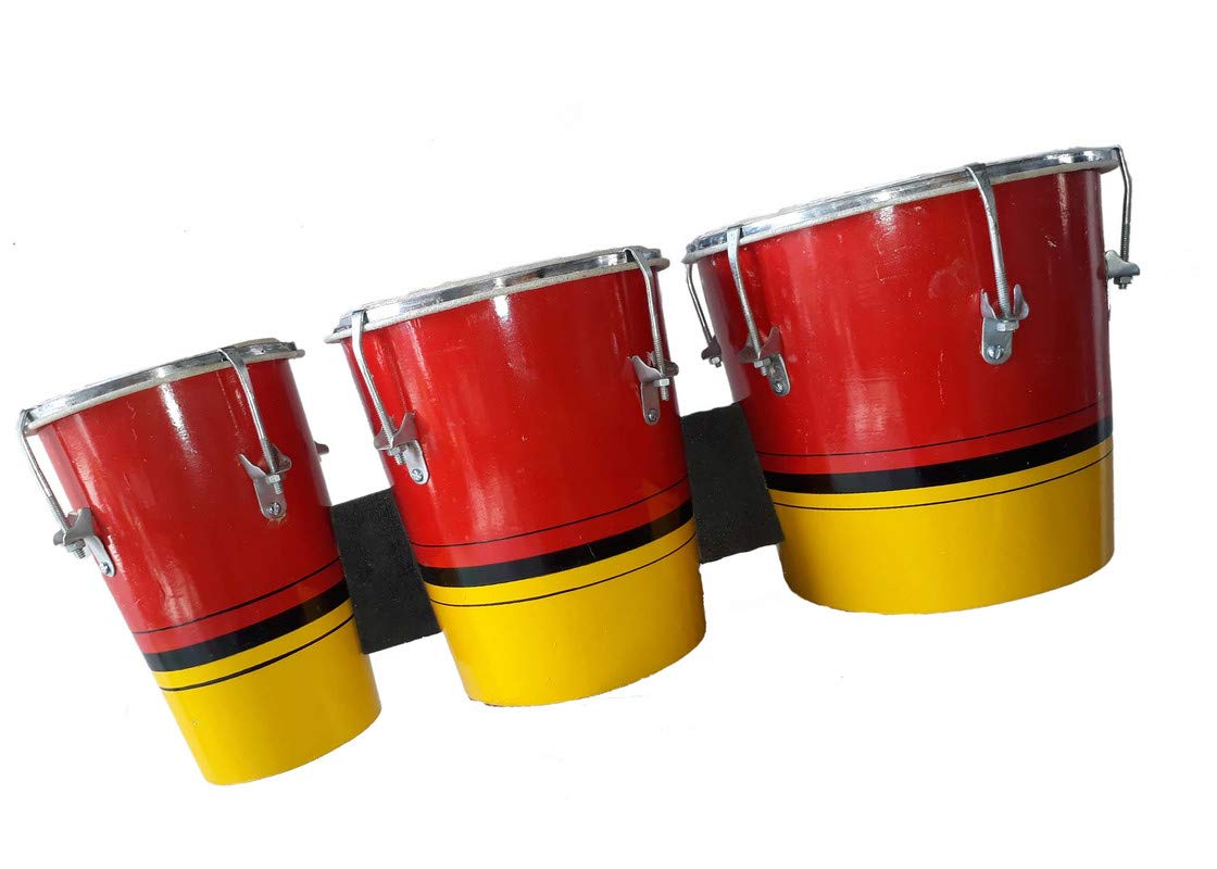 Ganpati Traders 8 Inch Professional Three Piece Hand Made Mango Wooden Bango Drum Set (Red & Yellow)