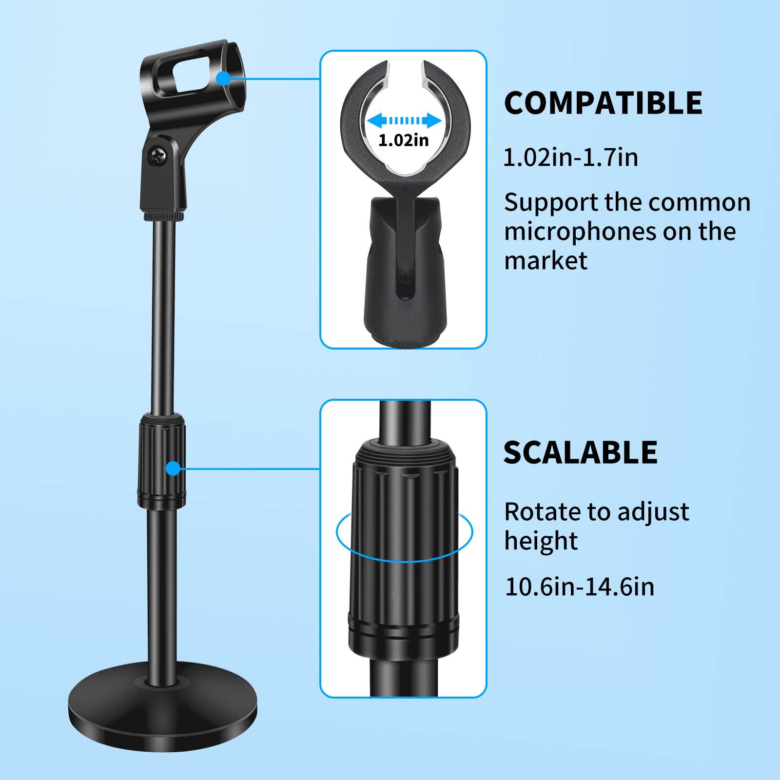 Small Desk Mic stand, Microphone Stand Desktop Adjustable Steel Table Mic Stand with Microphone Clip for Blue Yeti Snowball 10 I