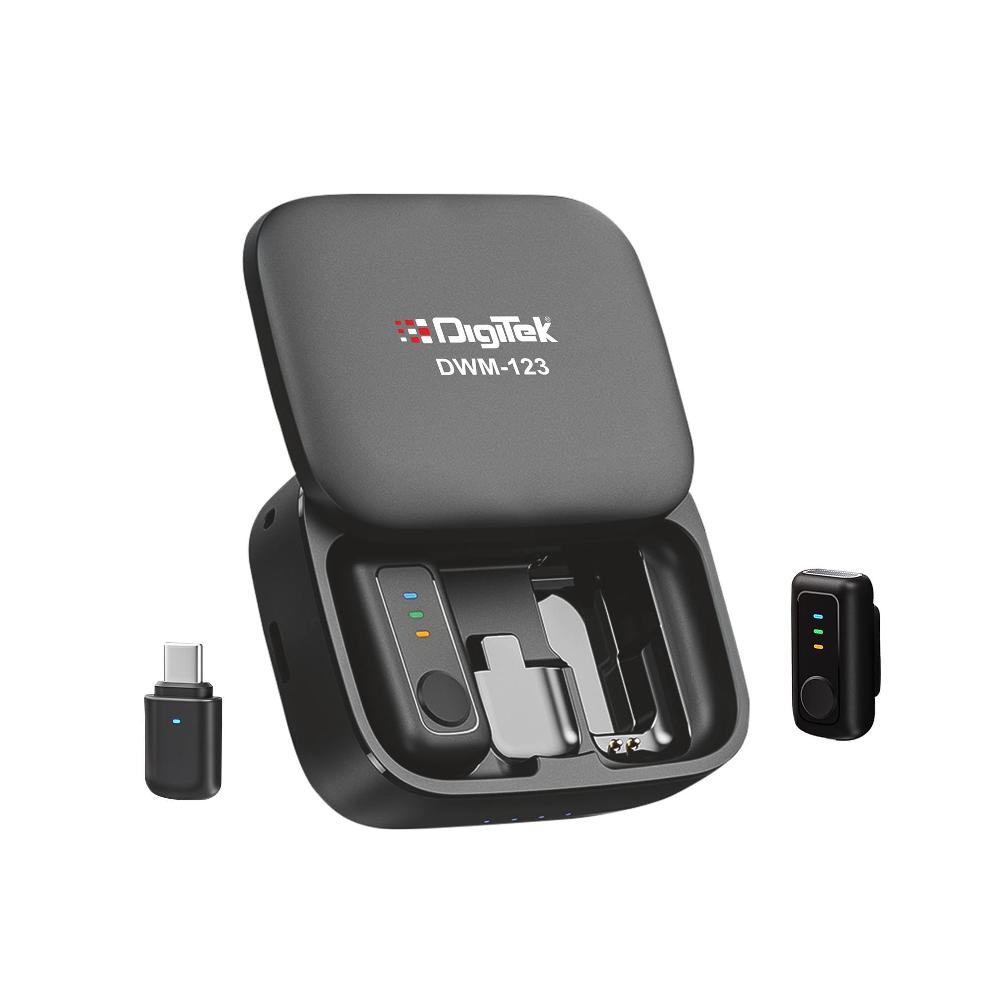 Digitek (DWM 123 2-in-1 Wireless Microphone System with Charging Case & Magnetic Collar Clip, Type-C Port for iOS, Smartphones, 
