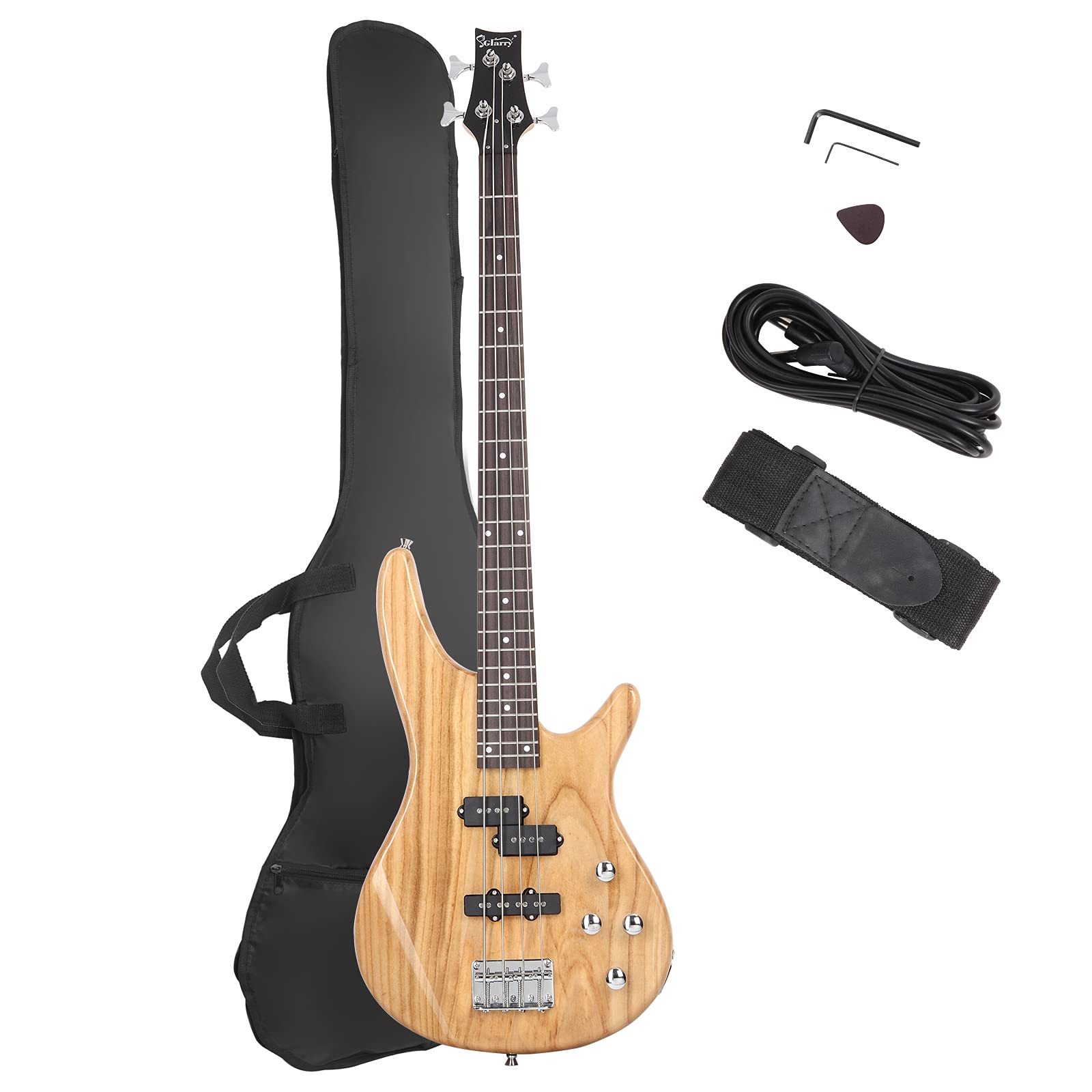 Glarry Electric Bass Guitar Full Size 4 String Exquisite Stylish Bass With Power Line, Bag And Wrench Tool (Natural Wood)
