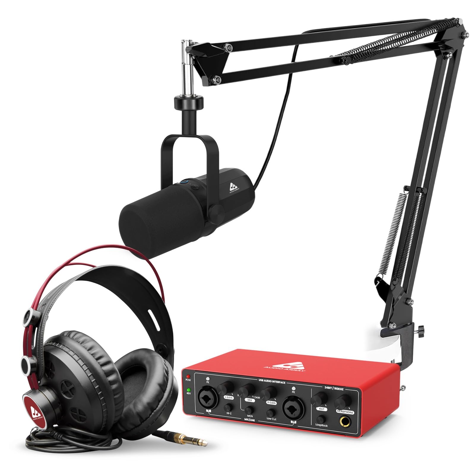 Audio Array Professional Dynamic Bundle With Headphones & Audio Interface  Usb/Xlr Dynamic Microphone, 24-Bit/192Khz Interface, 