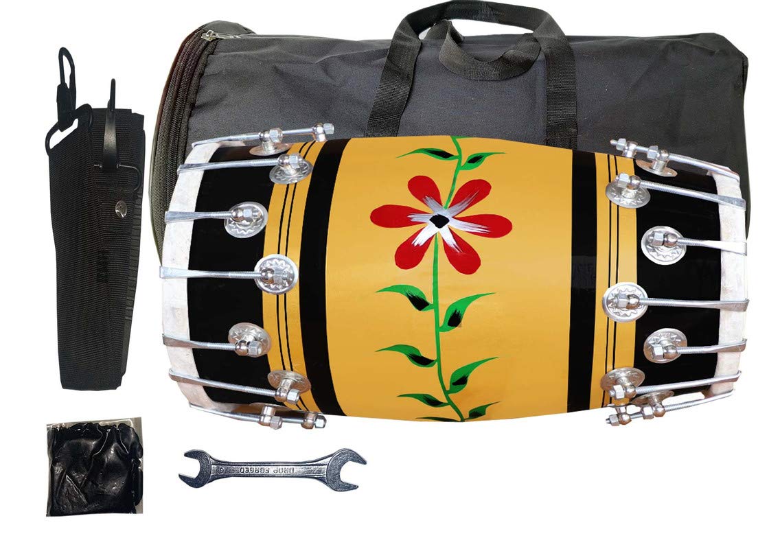 Gt Manufacturers Wooden Musical Instrument Dholak Drum Nuts & Bolt Yellow Colour & Flower Painting Design1 With Full Tool Kit (Y