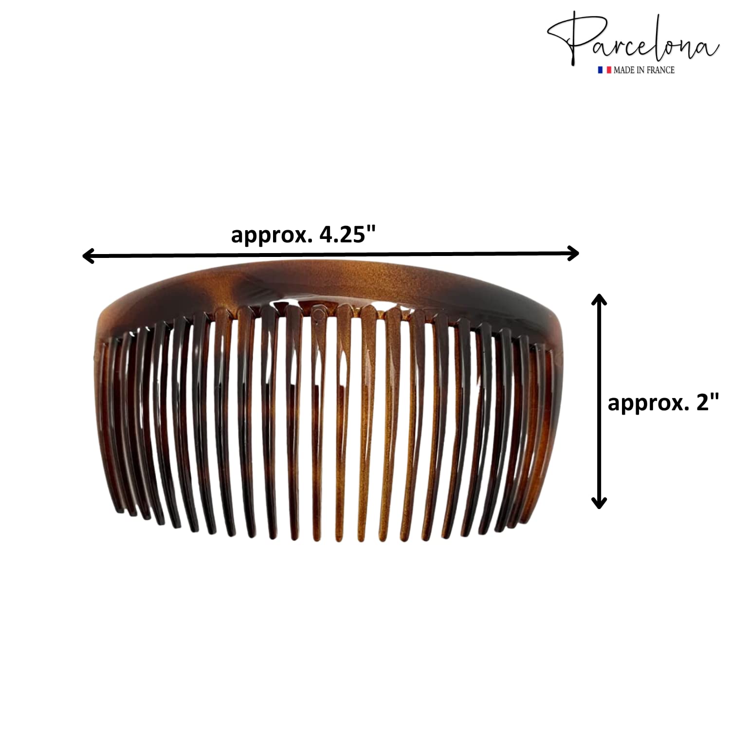 Parcelona French Glossy 23 Teeth Large 4 1/4'' Celluloid Acetate Set of 2 No Slip Grip Side Hair Combs for Women, Made in France