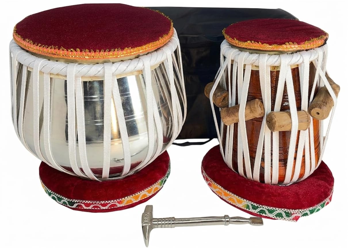 Fateh Tabla Set, Chrome Steel Bayan And Wooden Dayan, With Cushion Rings, Tuning Hammer And Carry Bag, Polished Chrome Finish