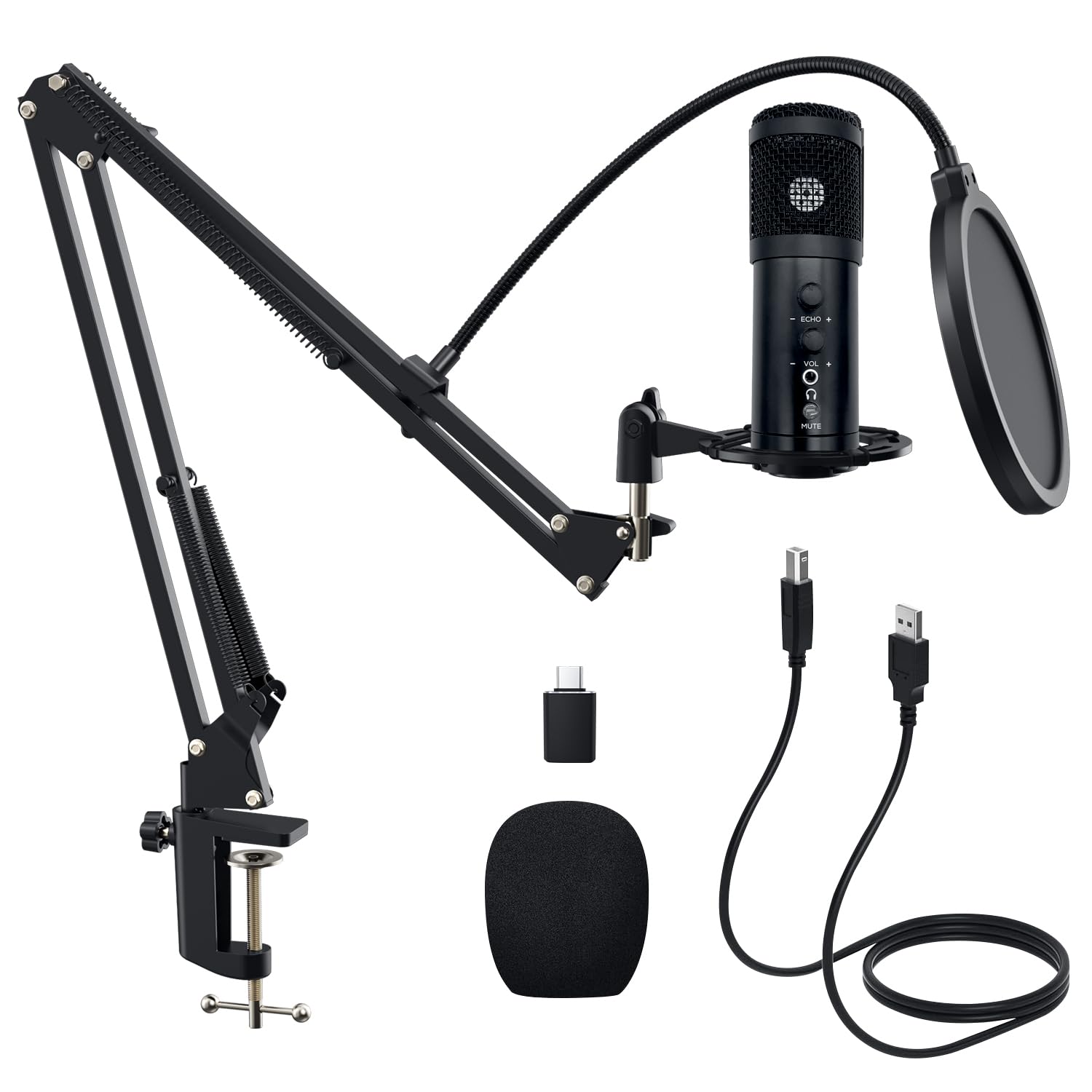 Audio Array Am-C42 Plug & Play Ai Noise Cancelling Usb Condenser Microphone | Mute Button/Echo/Volume Knob | Kit With Boom Arm &