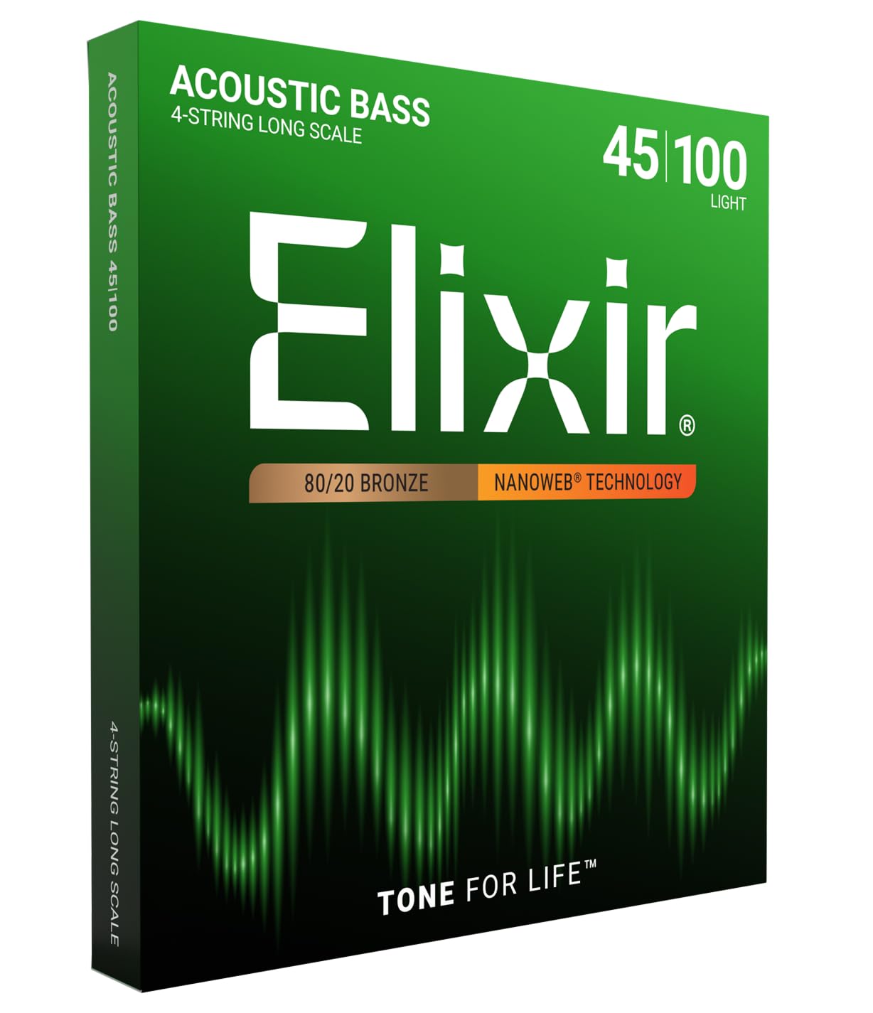 Elixir Strings 80/20 Bronze Acoustic 4-String Bass Strings w NANOWEB Coating, Long Scale, Light (.045-.100)