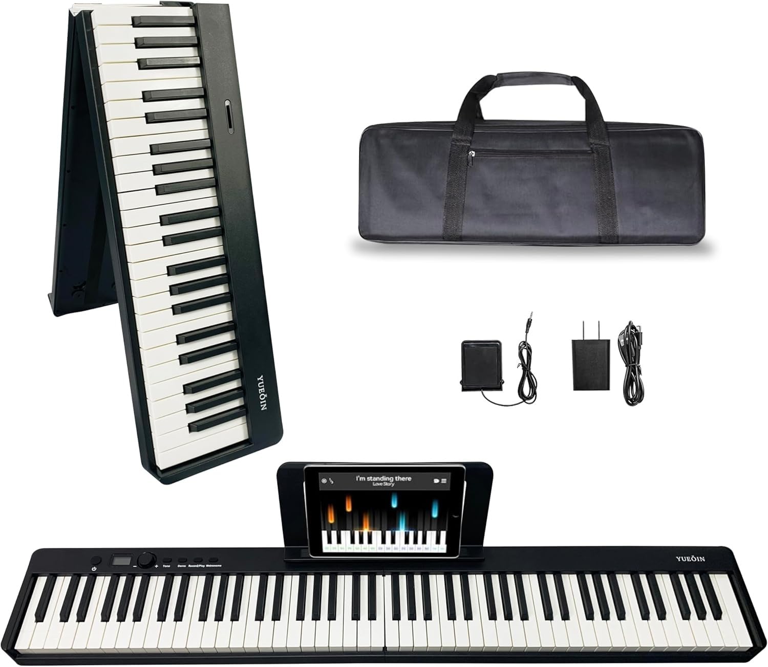 YUEOIN 88 Key Foldable Digital Piano, Full Size Semi-Weighted Keys, Portable Electric Piano with USB/MIDI Speakers, Pedal (Black