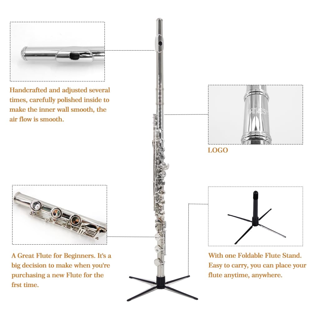 YANASON Closed Hole C Flutes 17 Key Nickel Plated Flute Beginner Student Kids Flute (17 nickel)