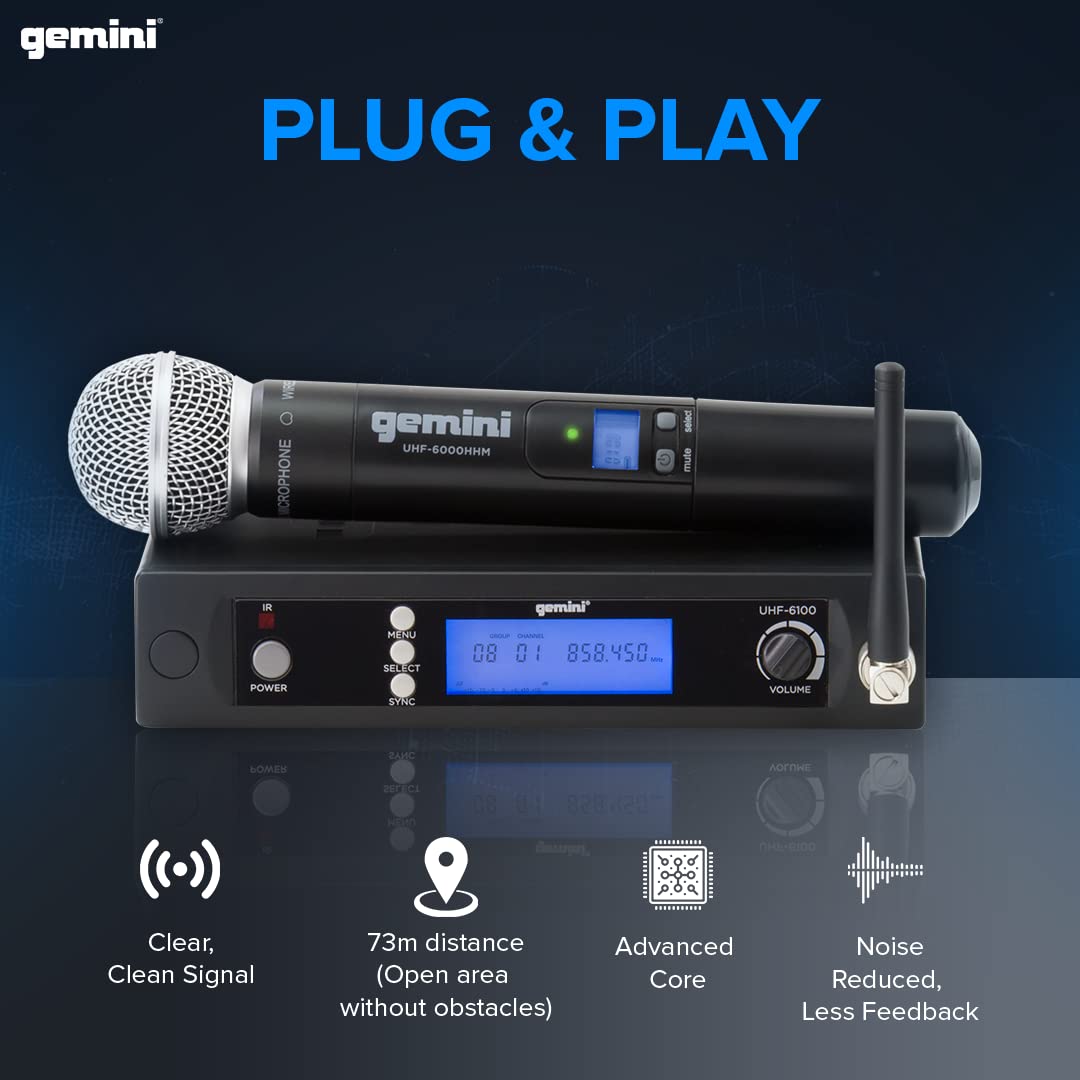 Gemini Sound UHF-6100M Wireless Mic System - UHF Receiver with 256 Selectable Frequencies, Handheld Mic, 240ft Range, LCD Displa