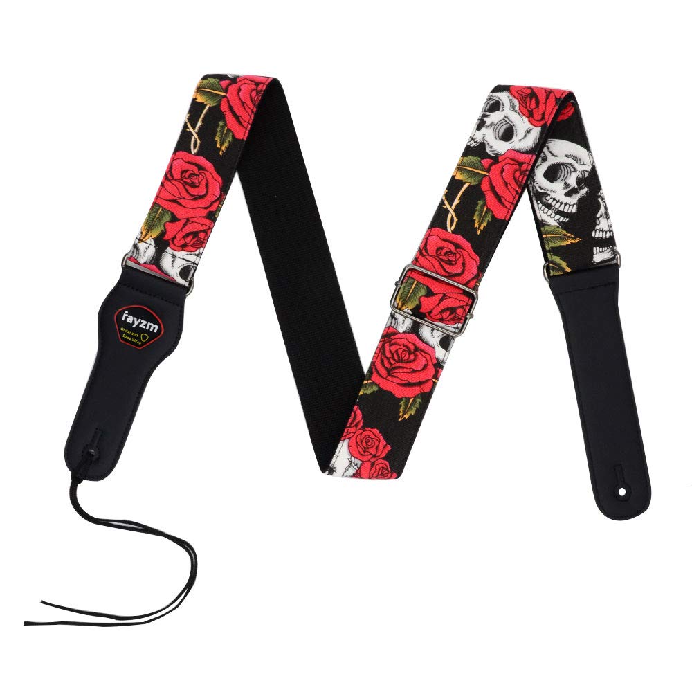 Rayzm Guitar Strap/Bass Strap, Cotton Belt for Acoustic/Electric/Bass Guitar with Plectrum Picks Pocket, Beautiful Rose with Coo
