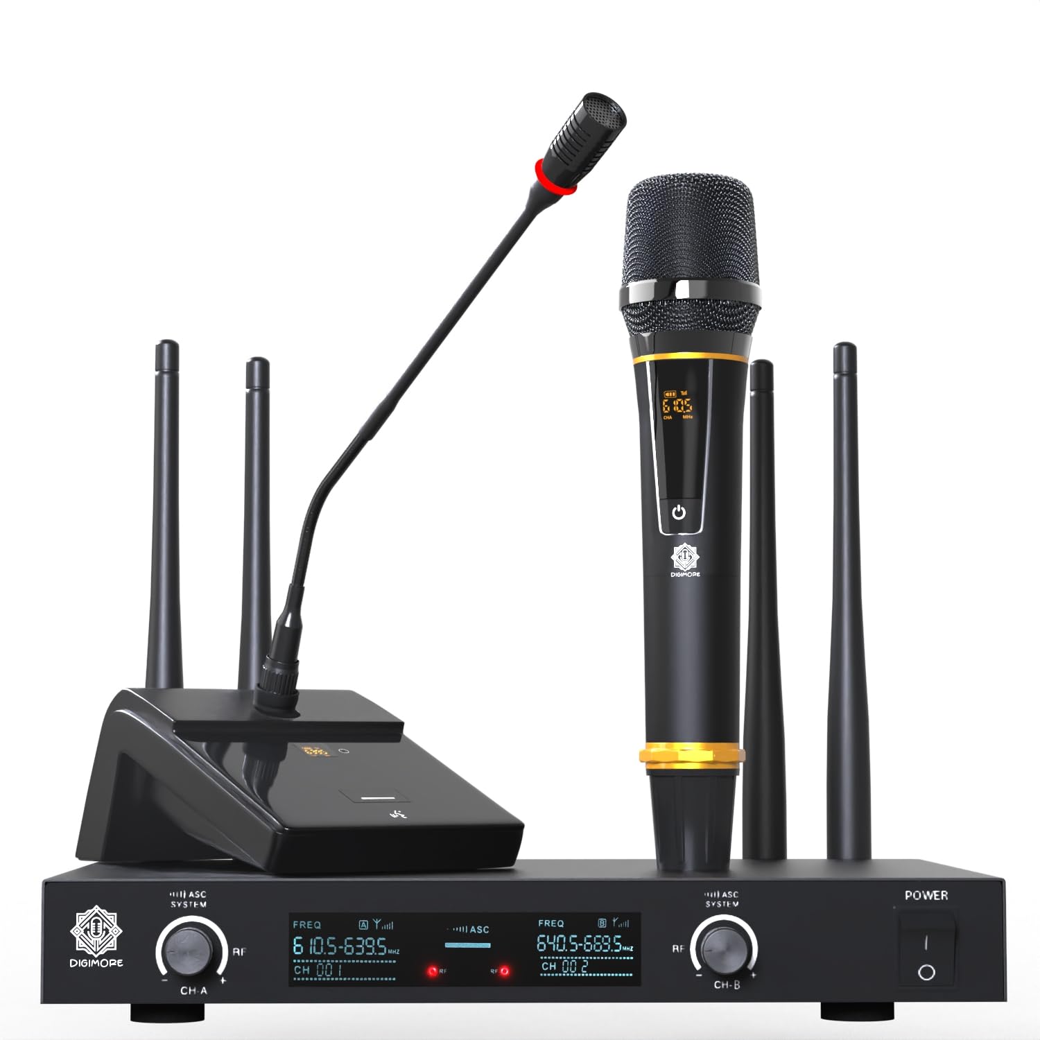 Digimore Uhf Wireless 18 Desktop Gooseneck & One Handheld Microphone | 60 Channels | 300 Feet Range | Meetings Video Conferences