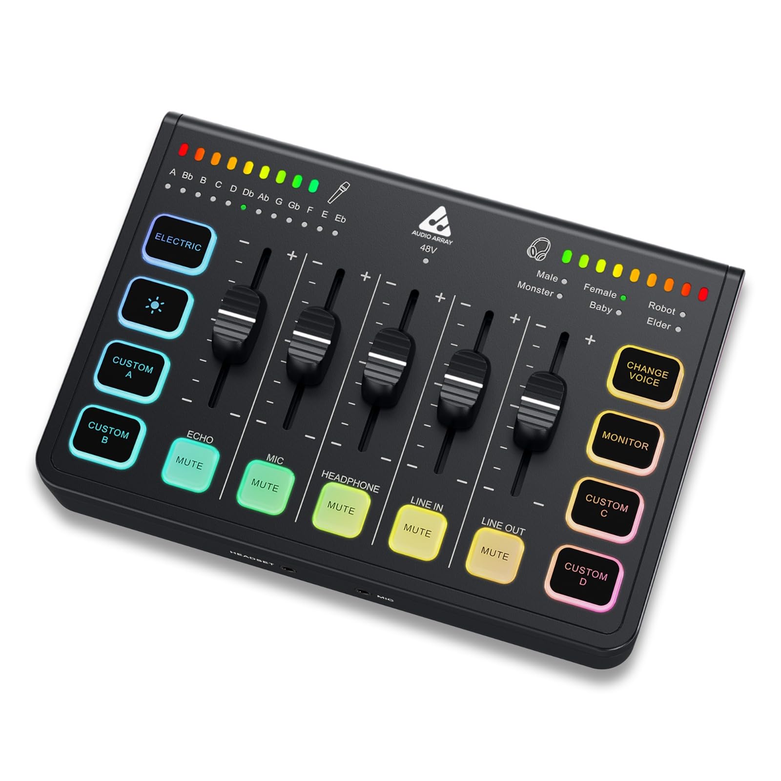 Audio Array Ai-06 Streaming Audio Mixer Sound Card | Xlr, 1/4 & Line In | Pc/Phone Rgb Mixer With Volume Fader, Individual Contr