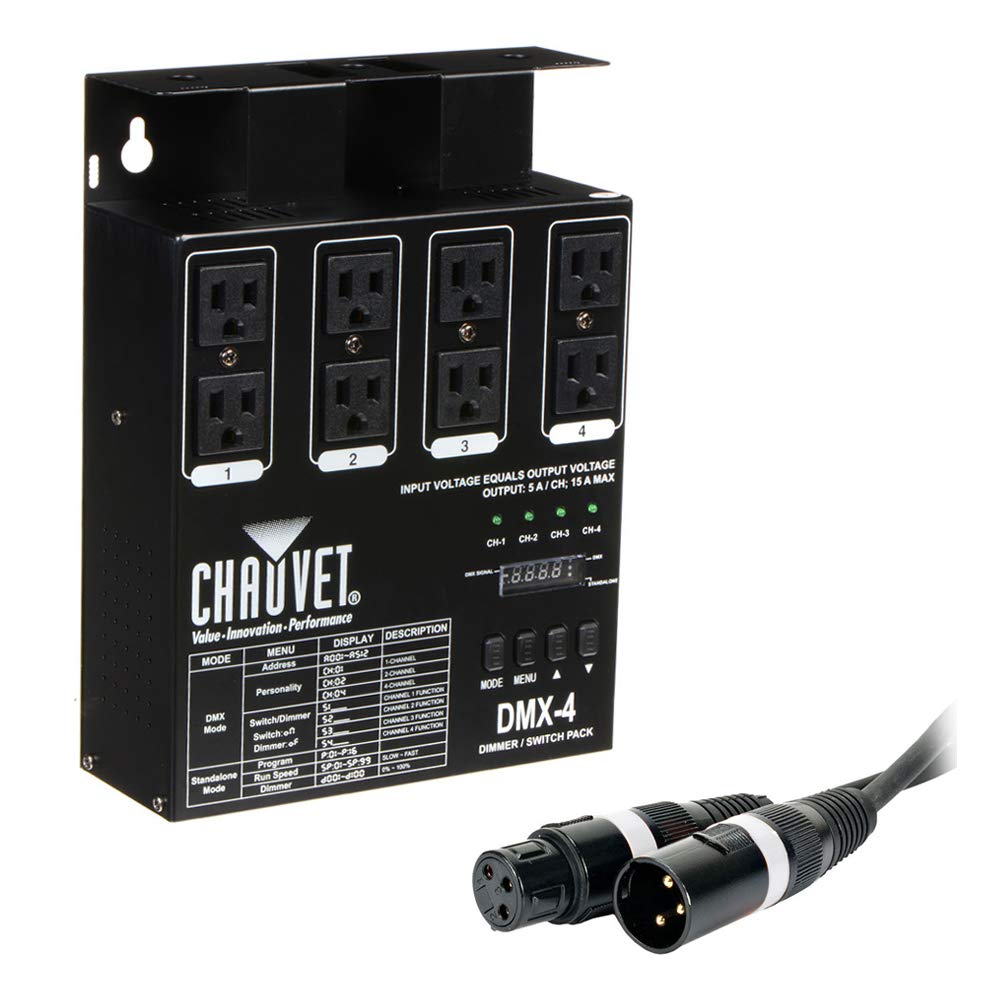 Chauvet Dj Dmx-4Led 4-Channel Dimmer Pack With American Dj Accu-Cable 3-Pin Dmx Cable (50') Bundle