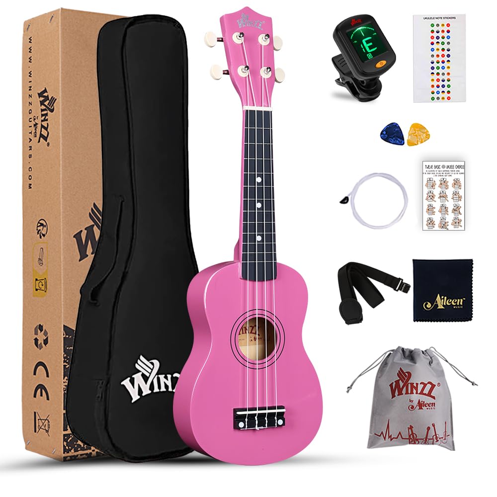 Winzz Soprano Ukulele Starter Kit For Beginners with Bag, Clip-On Tuner, Extra Strings, Strap, Plectrum, Fret Stickers, Chords C