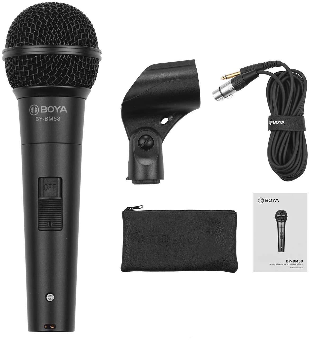 Boya By-Bm58 Professional Cardioid Dynamic Microphone With 5 Metre Xlr Cable, Microphone Mount & Carrying Bag. Inbuilt Pop Filte
